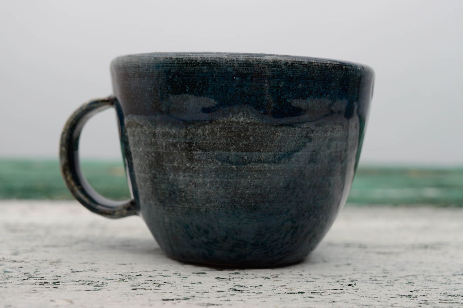 Glazed 8 oz coffee cup with handle in dark green color photo 4