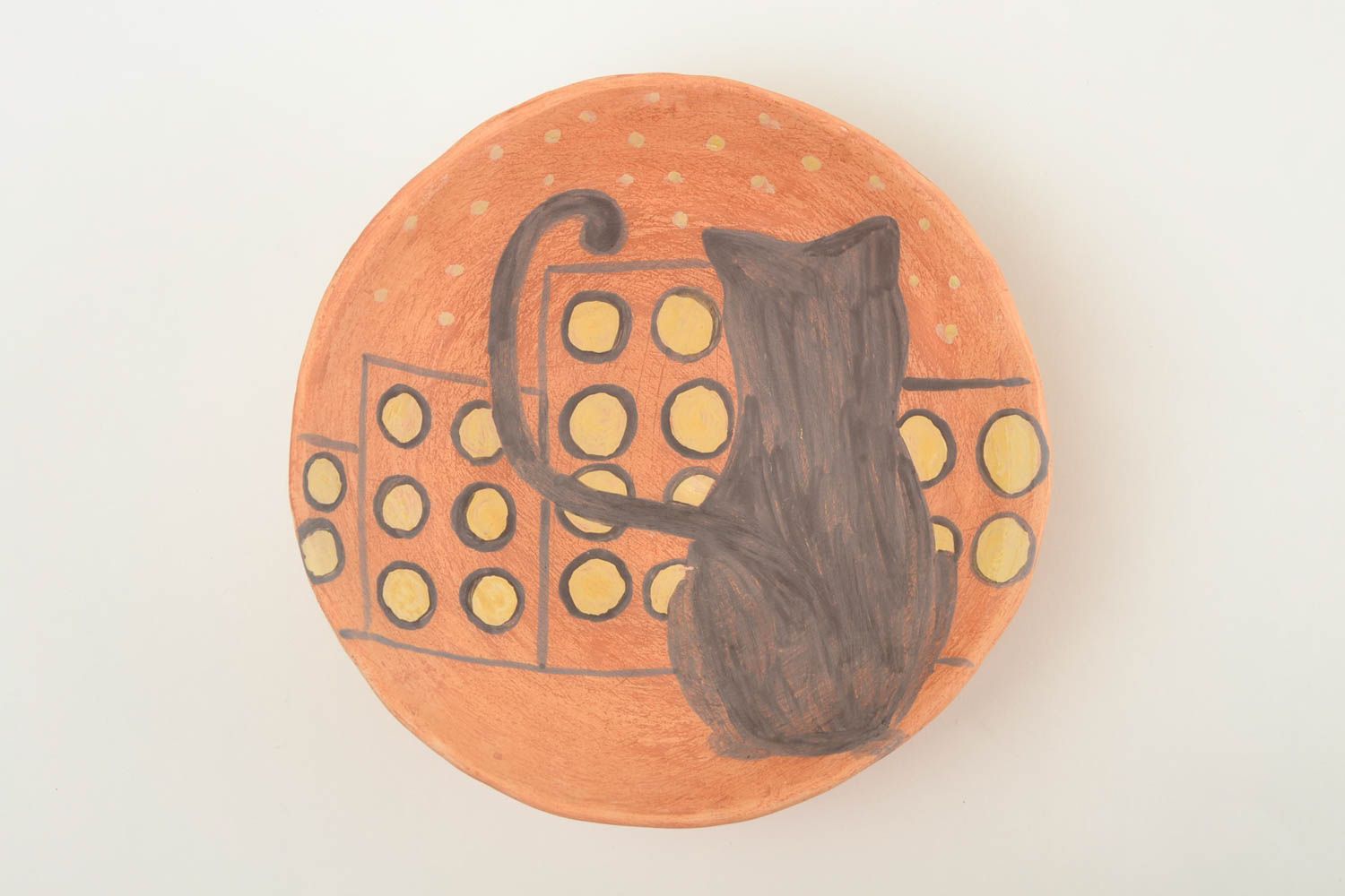 Керамическая тарелка ручной работы глиняная посуда расписная тарелка Кот фото 3