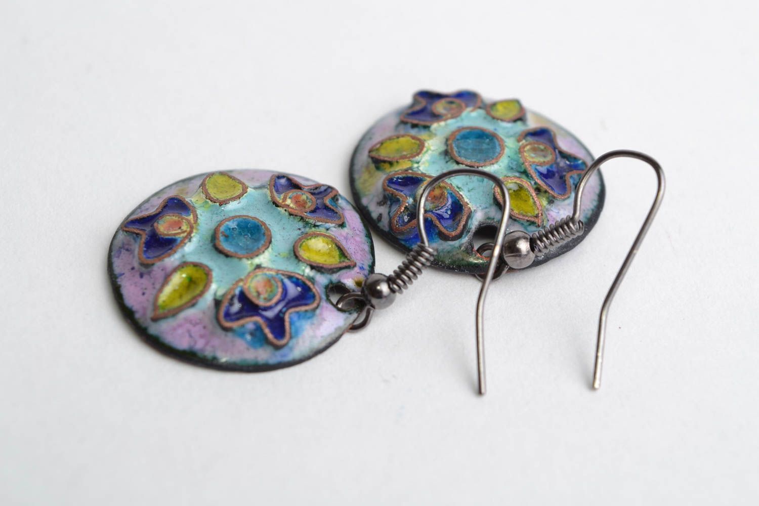 Handmade round shaped enameled copper dangling earrings in blue color palette photo 4
