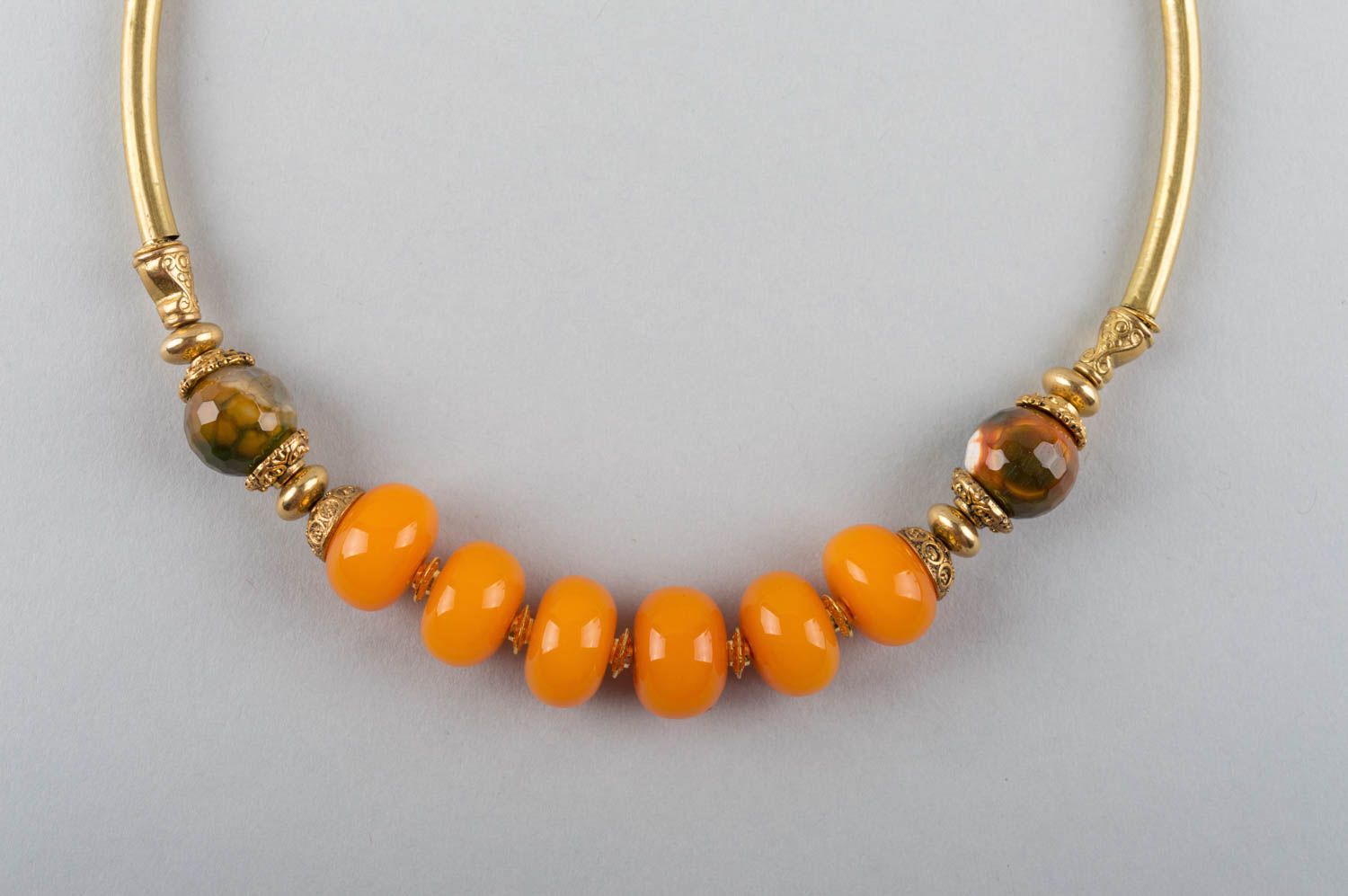 Handmade cute brass designer yellow bright necklace with amber and agate photo 4