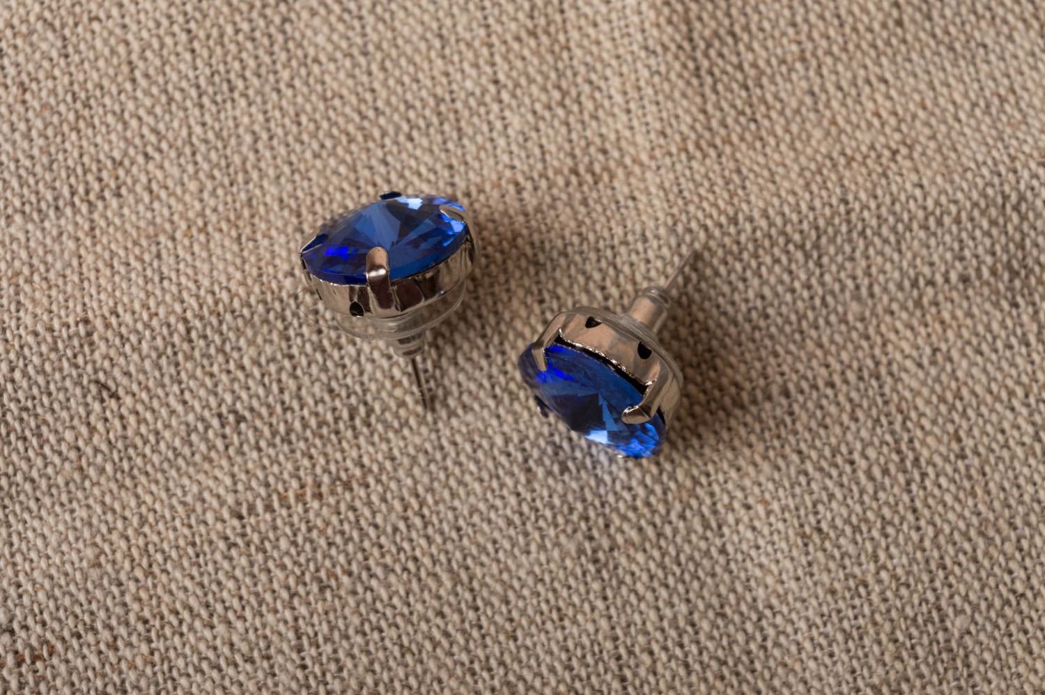 Handmade brass earrings stylish stud earrings blue rhinestones metal jewelry photo 1