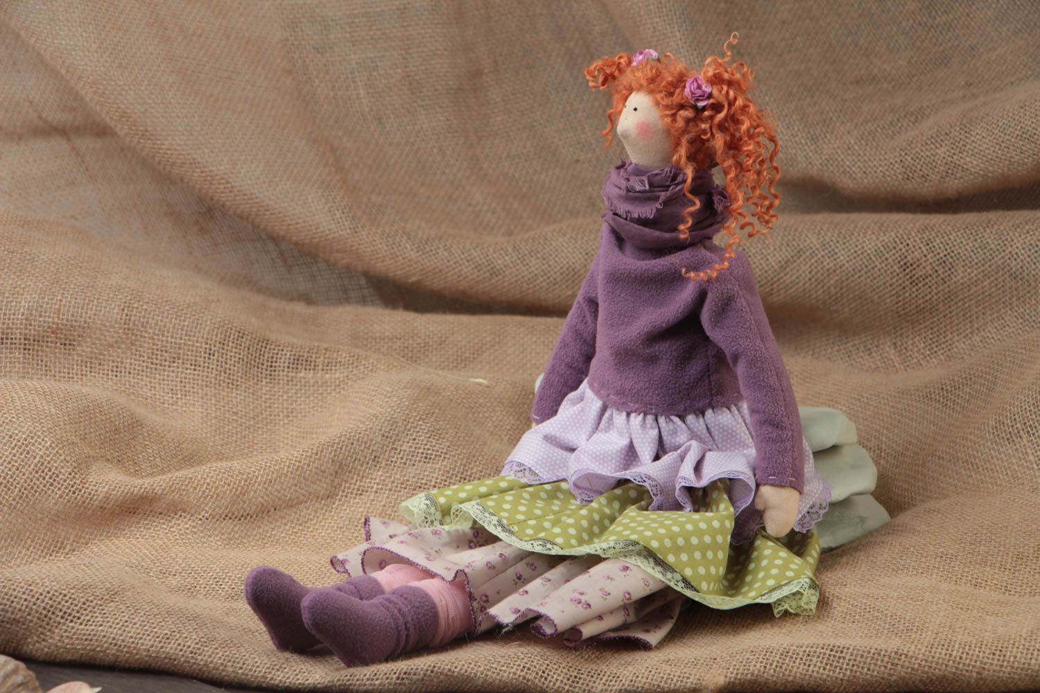 Handmade designer fabric soft doll with ginger hair in violet clothing photo 1