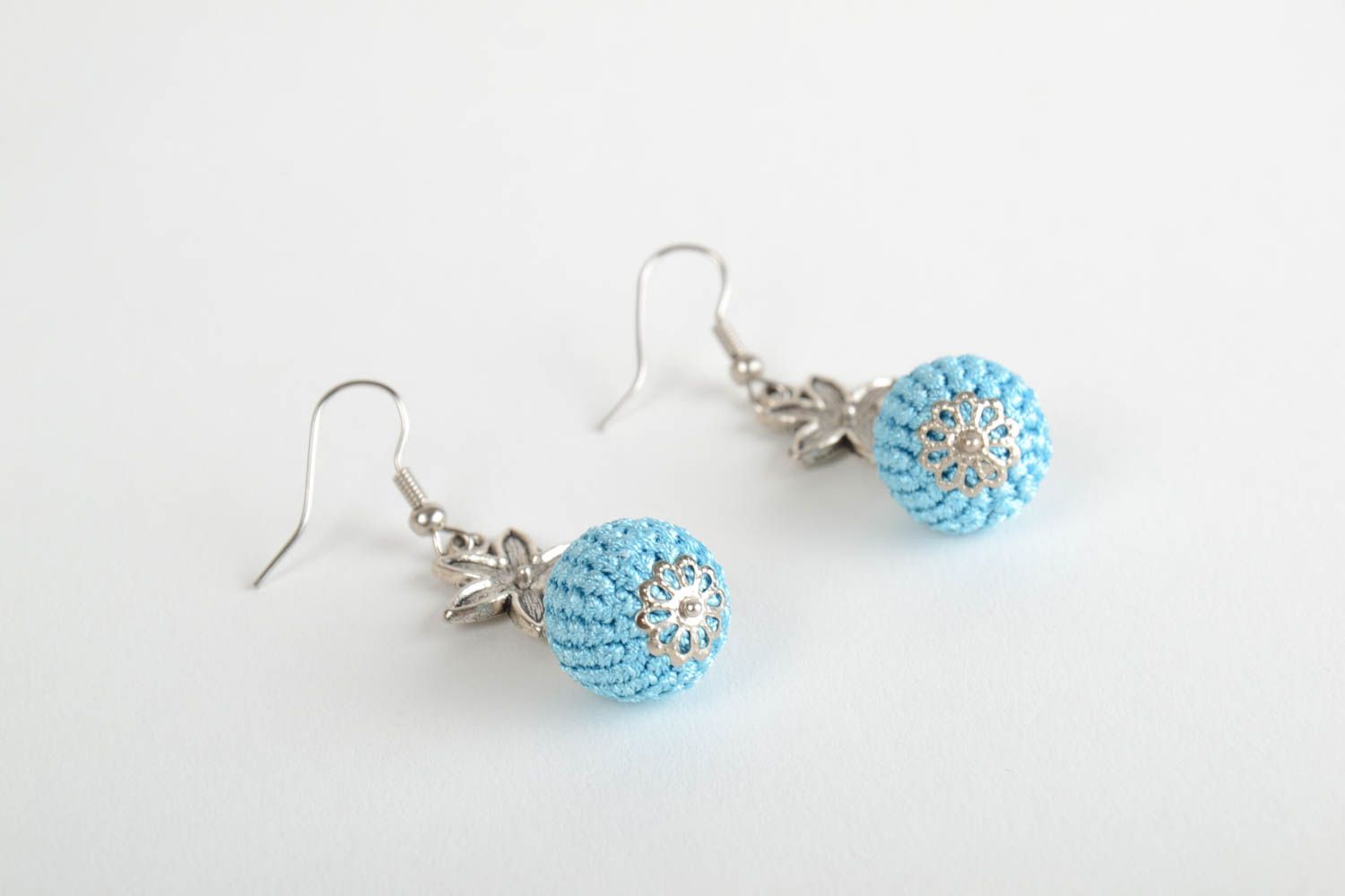 Handmade long bead earrings crocheted over with blue threads with metal photo 5