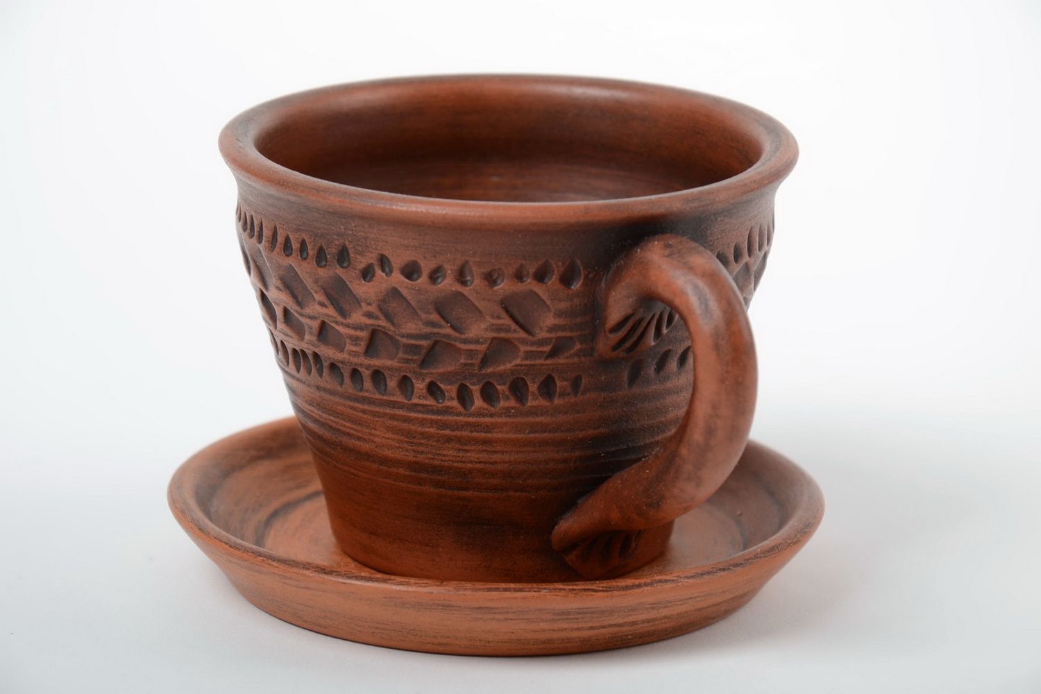 Taza cerámica 300 ml y platillo artesanales marrones bonitos para té foto 4