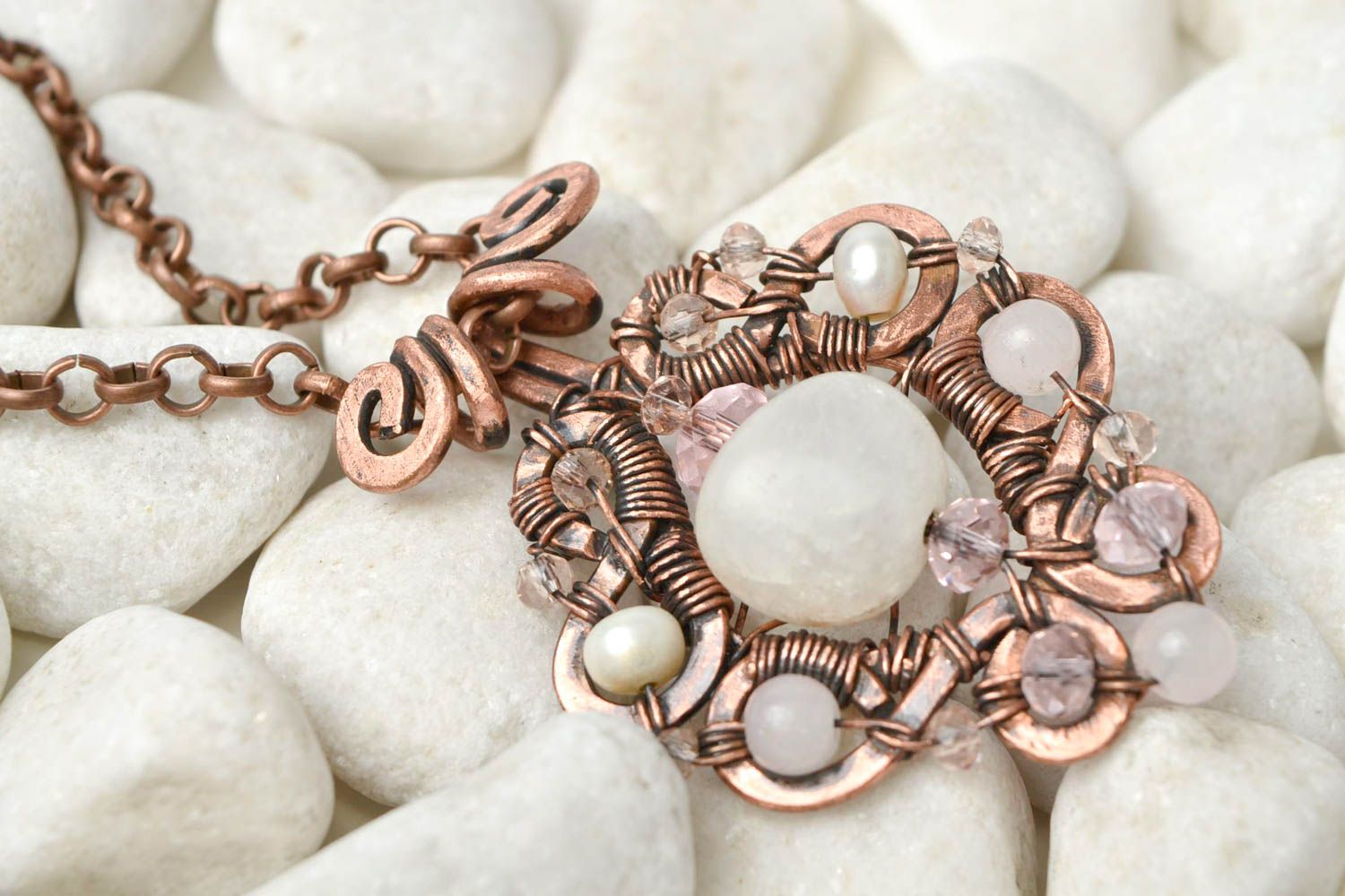 Unusual handmade metal pendant wire wrap copper pendant beaded pendant design photo 1