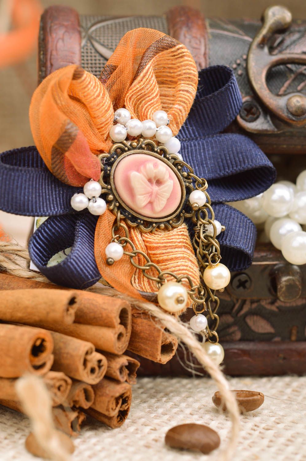 Textile satin ribbon handmade brooch with beads beautiful stylish accessory photo 1