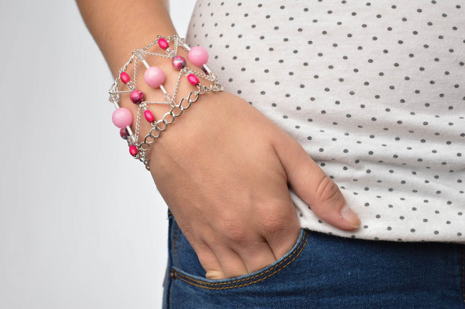 Браслет ручной работы красивые женские серьги браслет на руку набор розовый фото 2