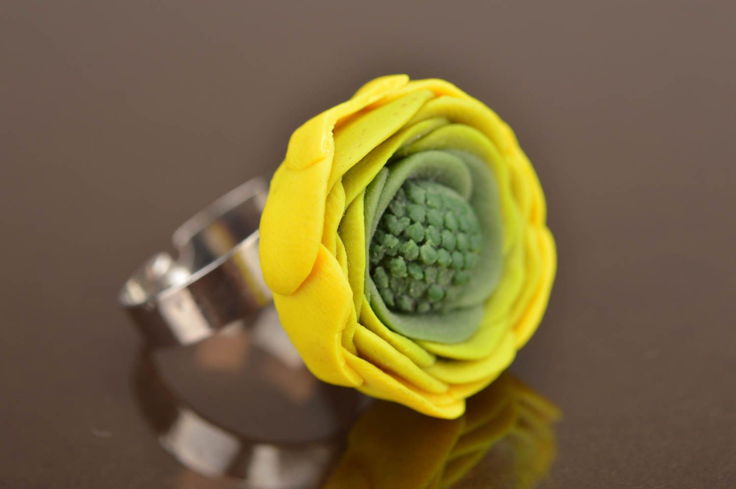 Handmade bright adjustable ring made of polymer clay in form of yellow peony photo 2