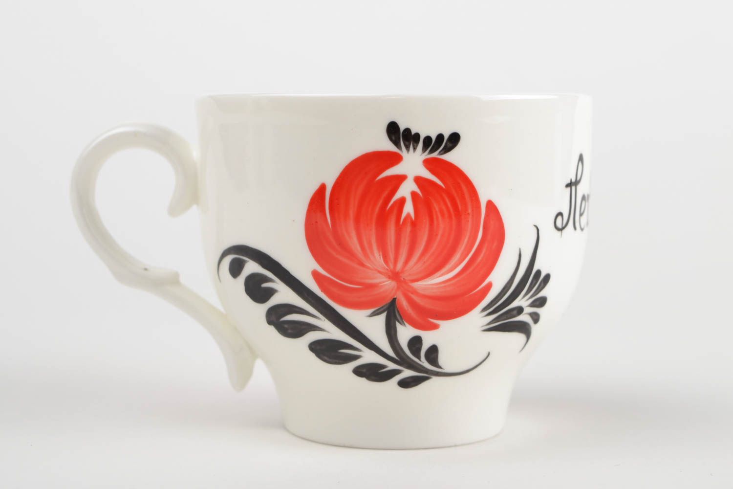 Porcelain white5 oz tea cup with handle and black, red floral pattern in Chinese style photo 3