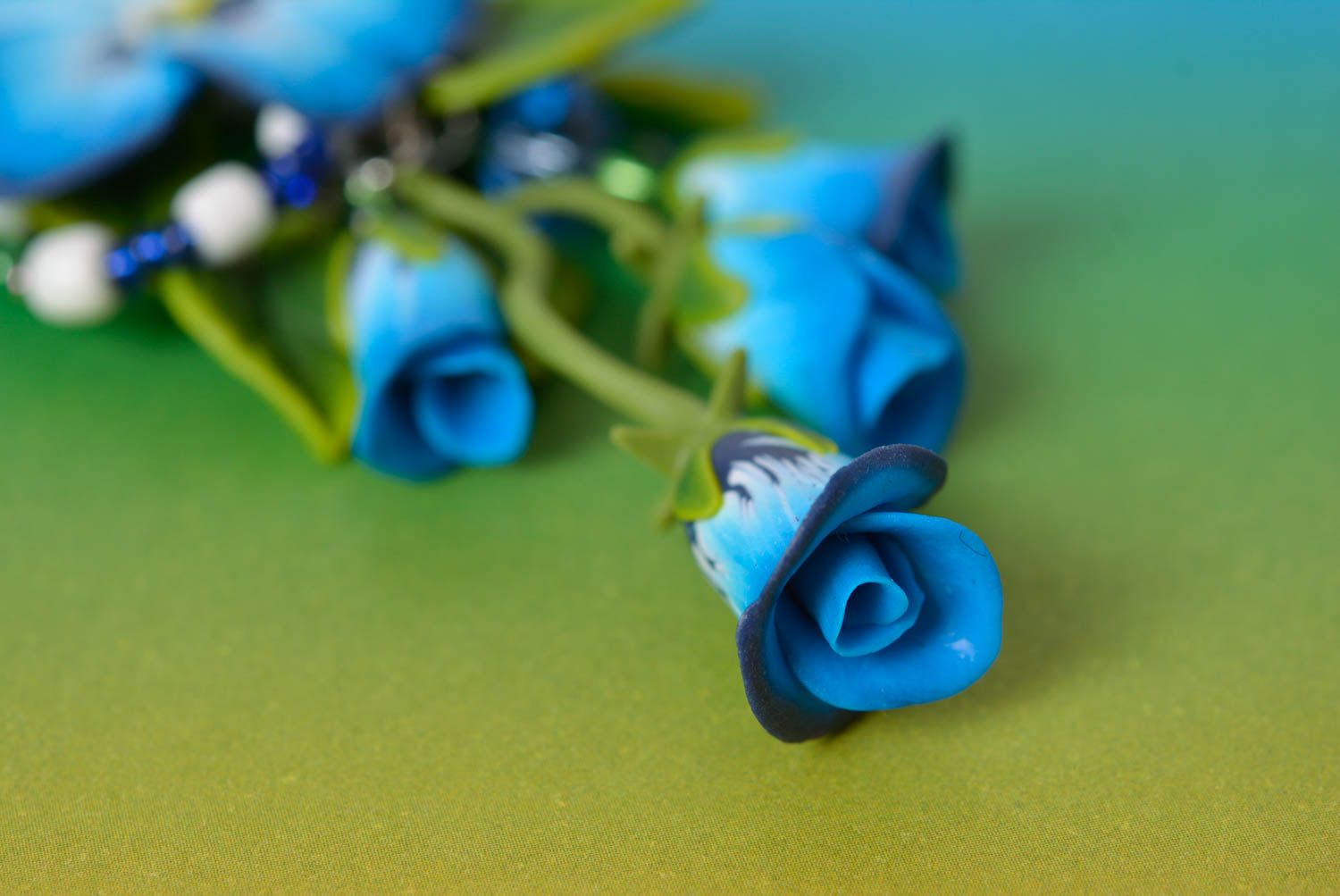 Handmade designer blue floral polymer clay pendant on metal chain photo 5