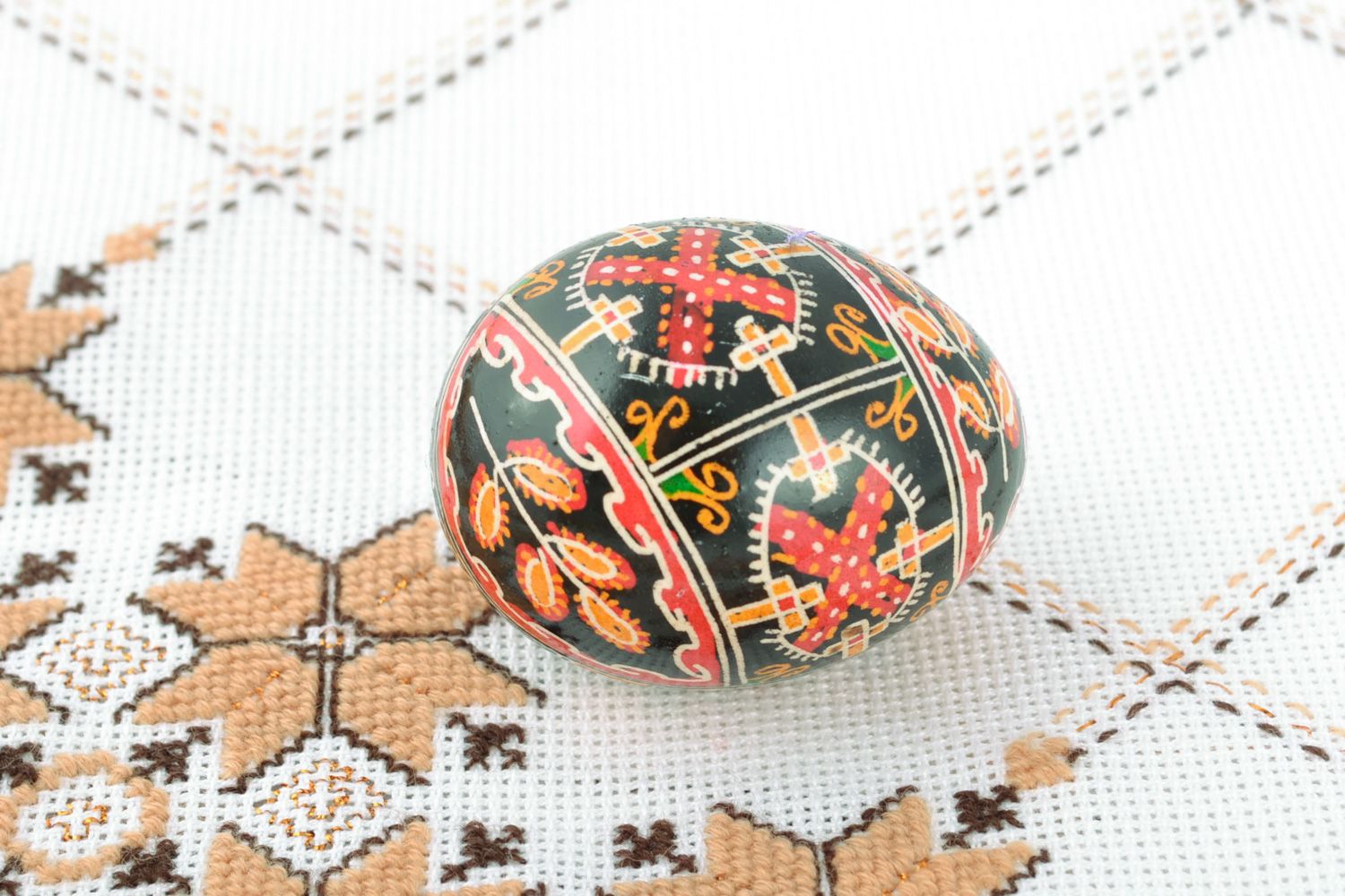 Handmade decorative painted chicken Easter egg with ornament on black background photo 1