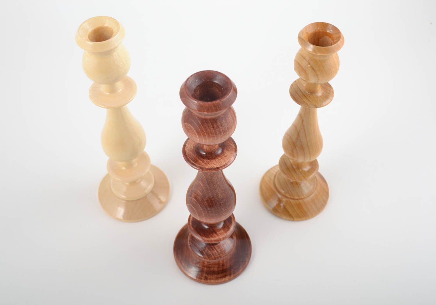 Set of 3 handmade varnished wooden candlesticks for 1 candle for interior decor photo 4