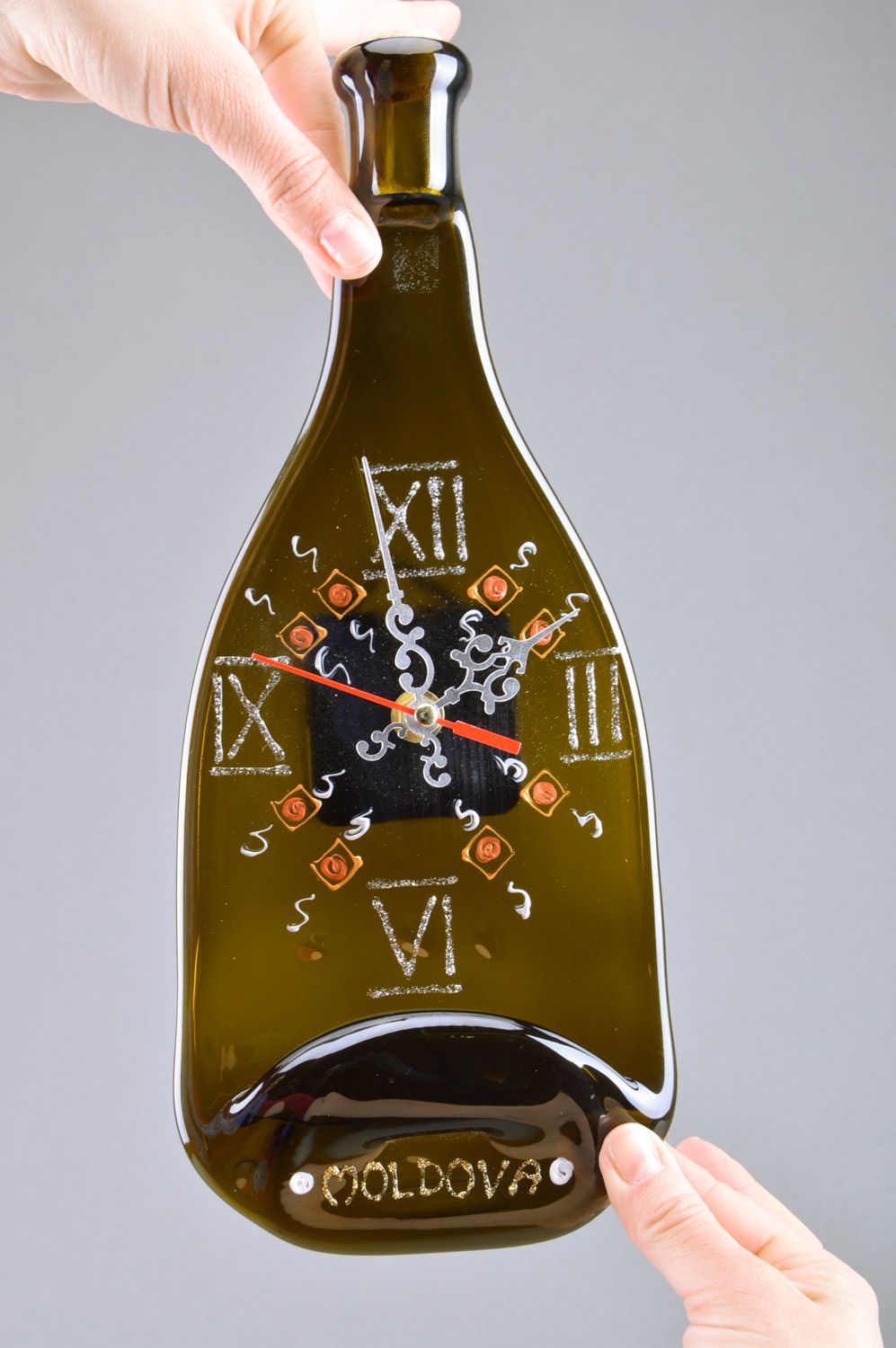 Handmade dark fused glass wall clock in the shape of wine bottle interior decor photo 3