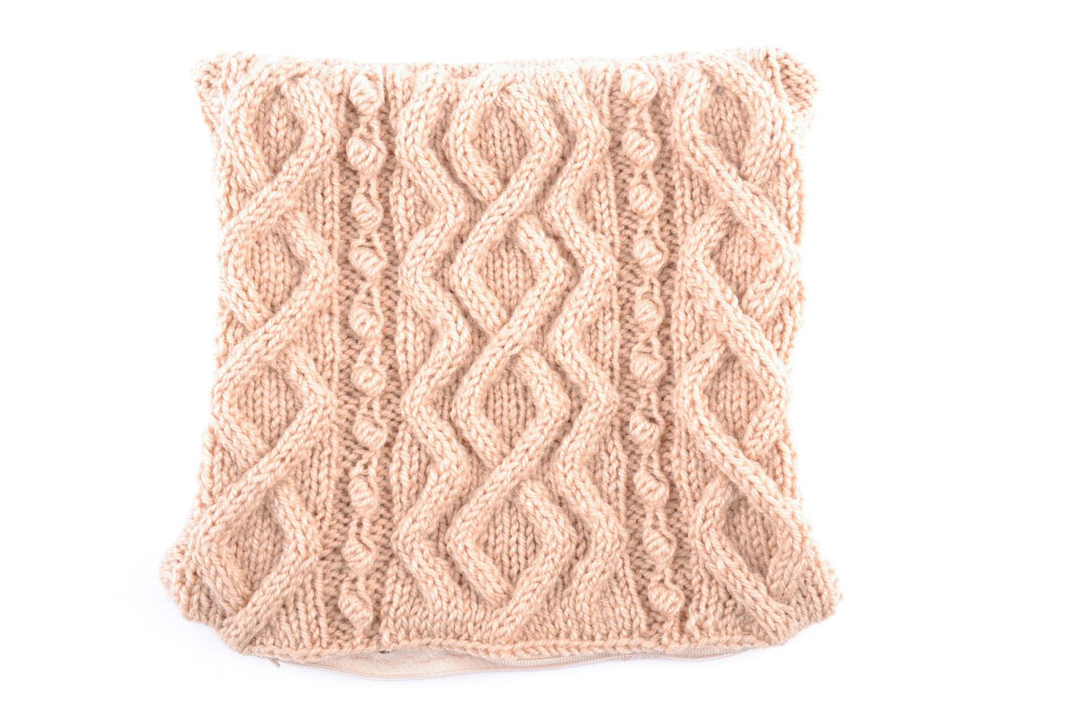 Small tender handmade throw pillow case knitted of beige semi-woolen threads  photo 2