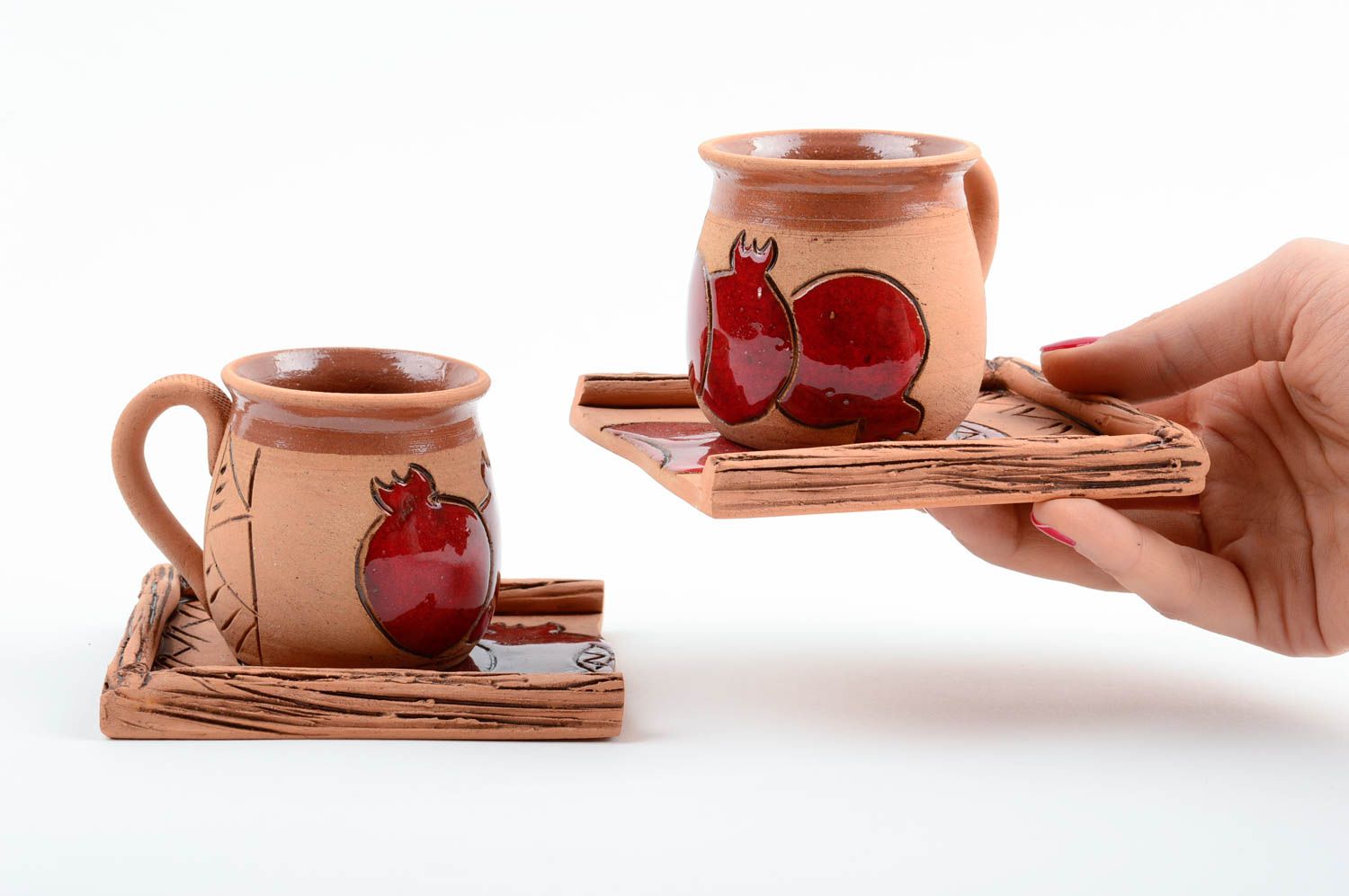 Handmade Tassen mit Untertassen Keramik Geschirr für Küchen Deko Set 2 Stück foto 2