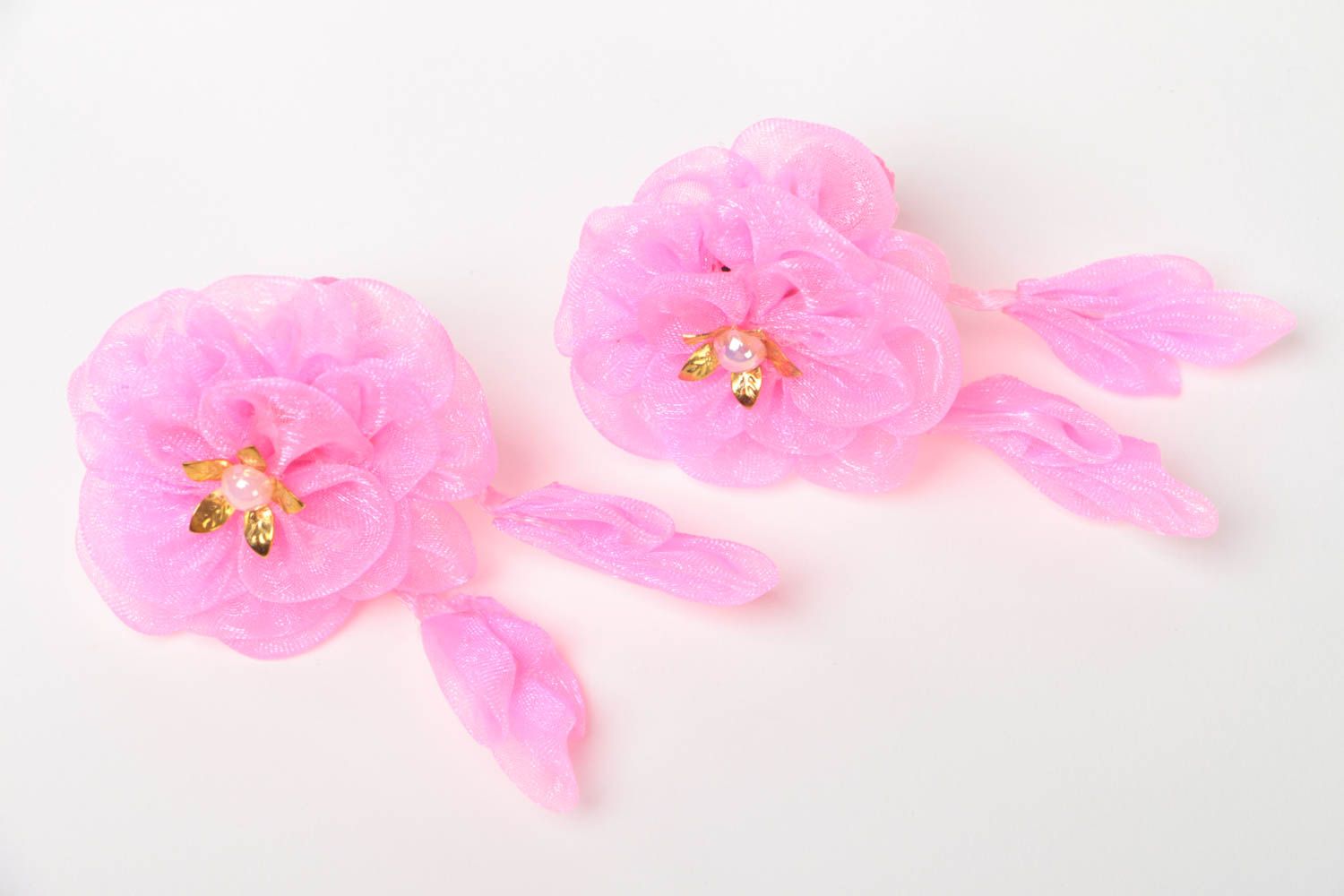 Розовые детские резинки для волос из органзы небольшие ручной работы набор 2 шт  фото 2
