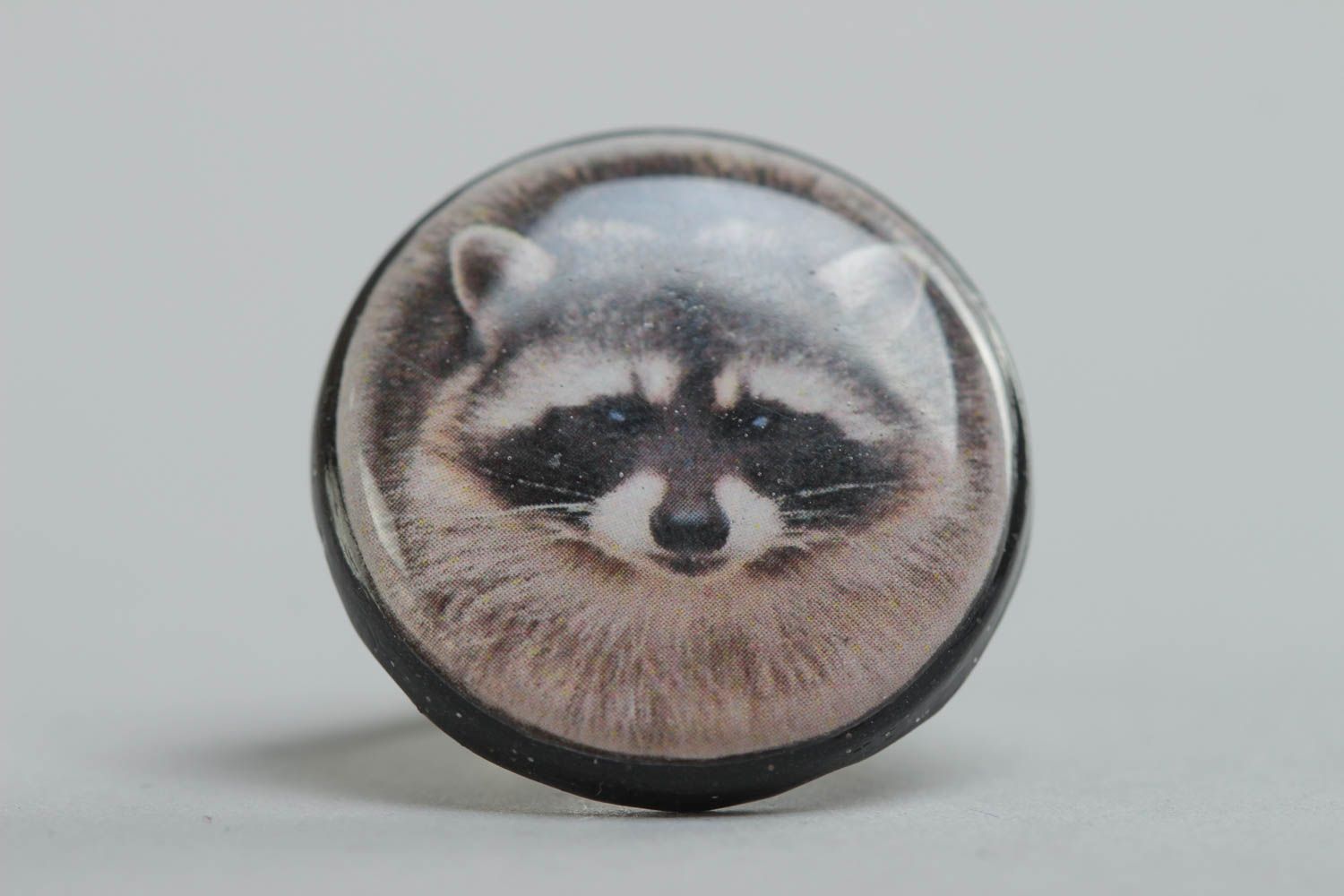 Stylish handmade round glass glaze ring with raccoon image photo 3