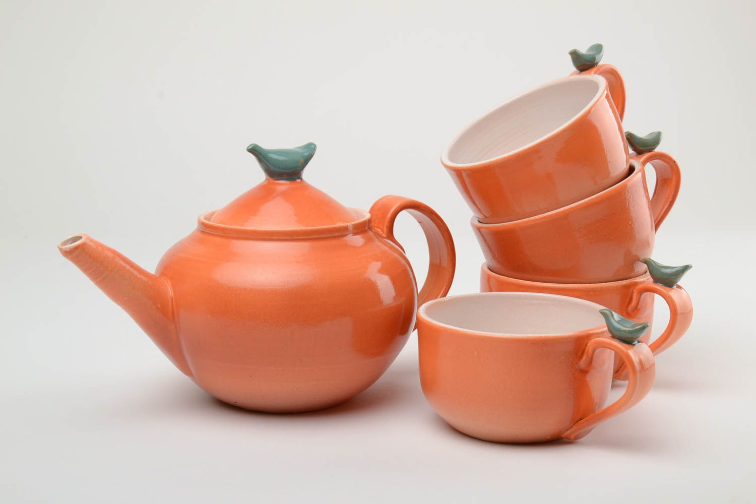 Service à thé en argile orange oiseaux théière 1 l et 4 tasses 30 cl fait main photo 3