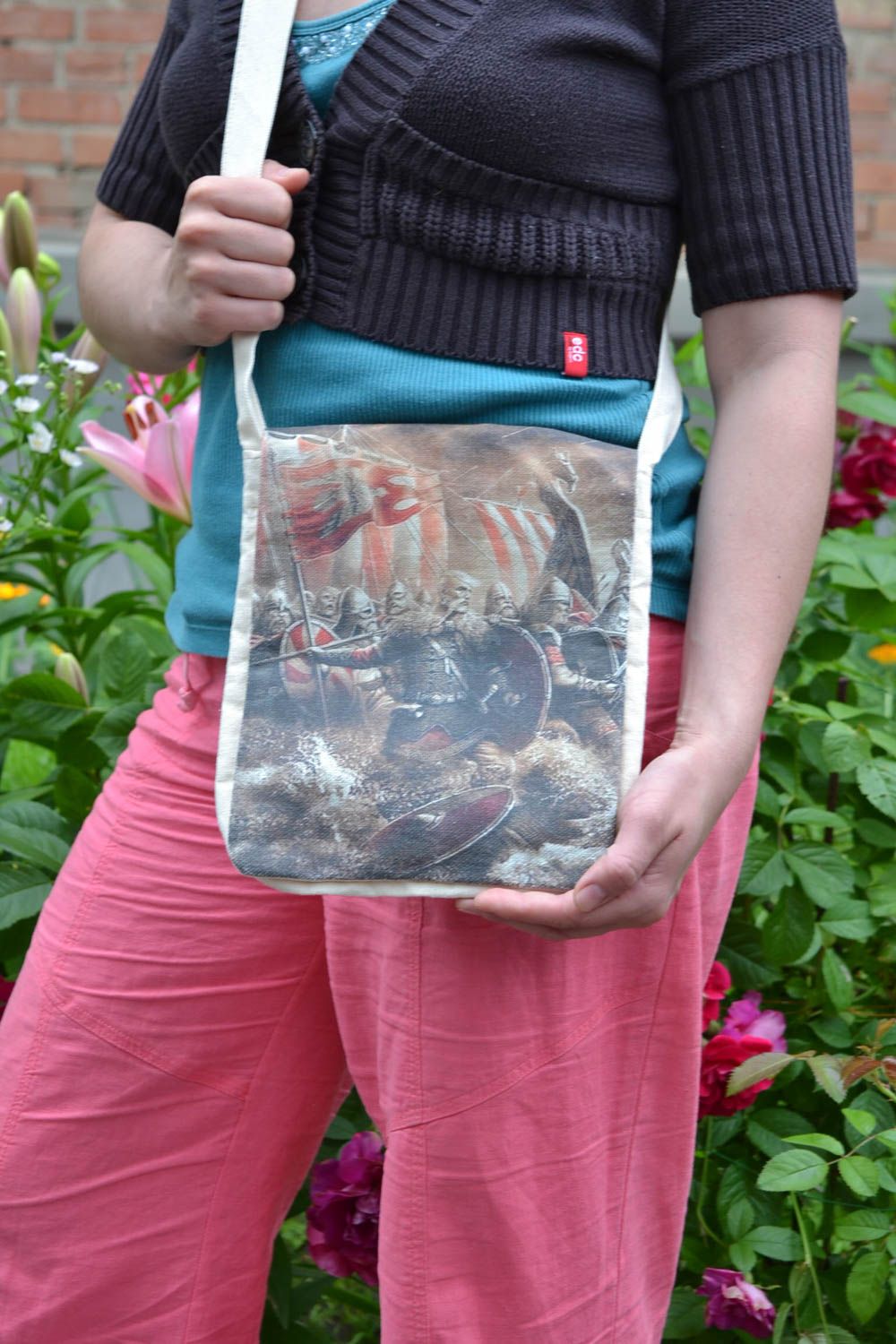 Textile eco shoulder bag with print handmade accessory medium size stylish purse photo 1