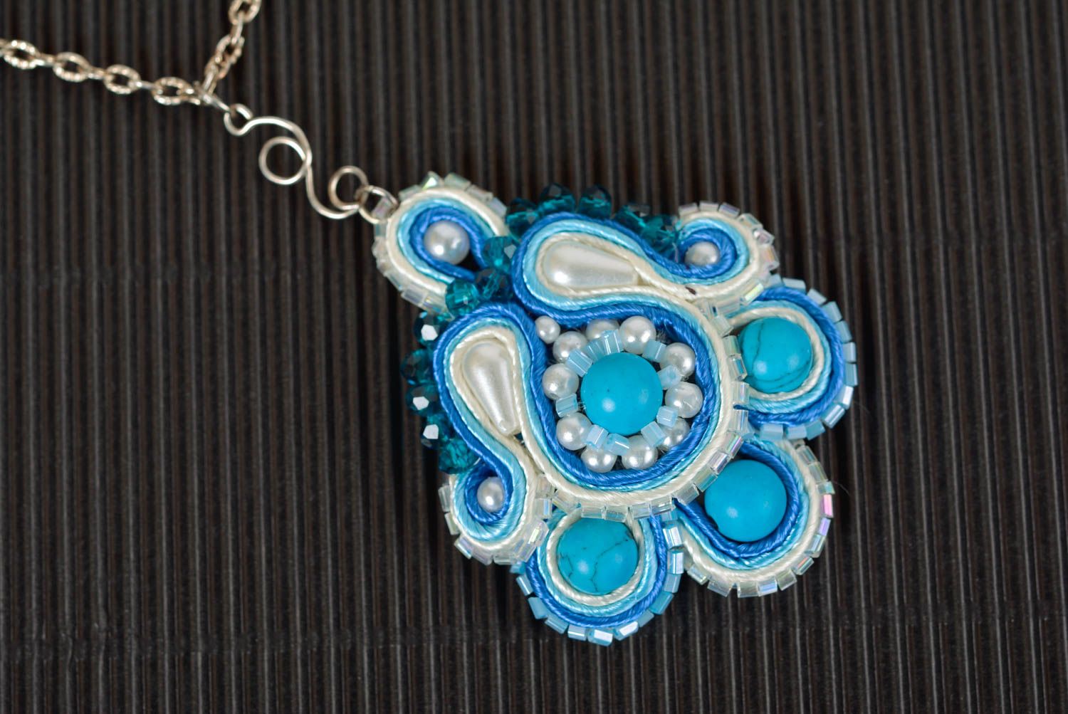Soutache necklace handmade pendant evening accessories with natural stones photo 3