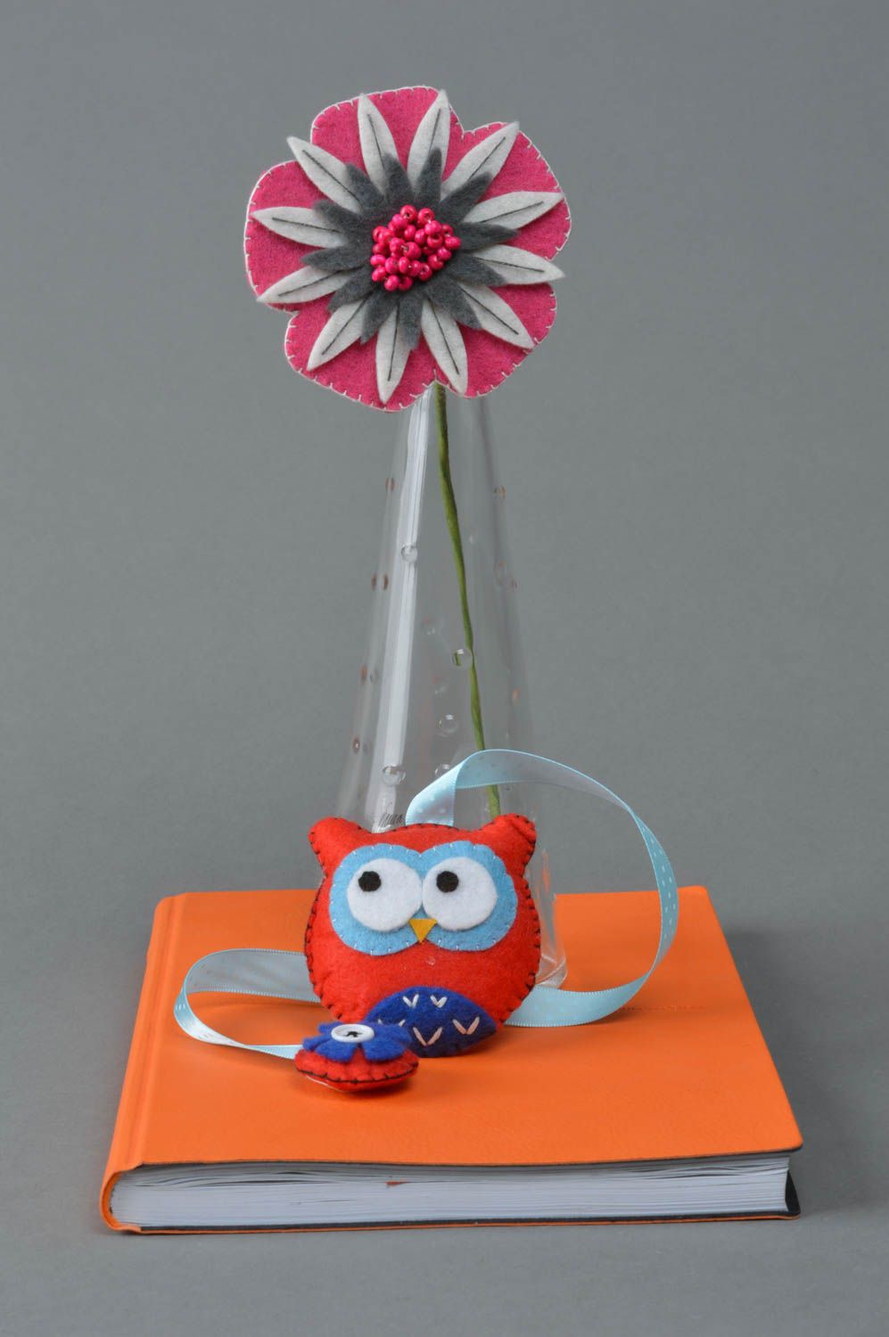 Handmade designer blue ribbon bookmark with small soft charm red felt owl photo 1