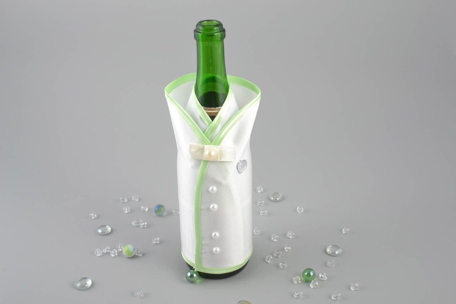 Unusual handmade designer satin champagne bottle cover suit for groom photo 1