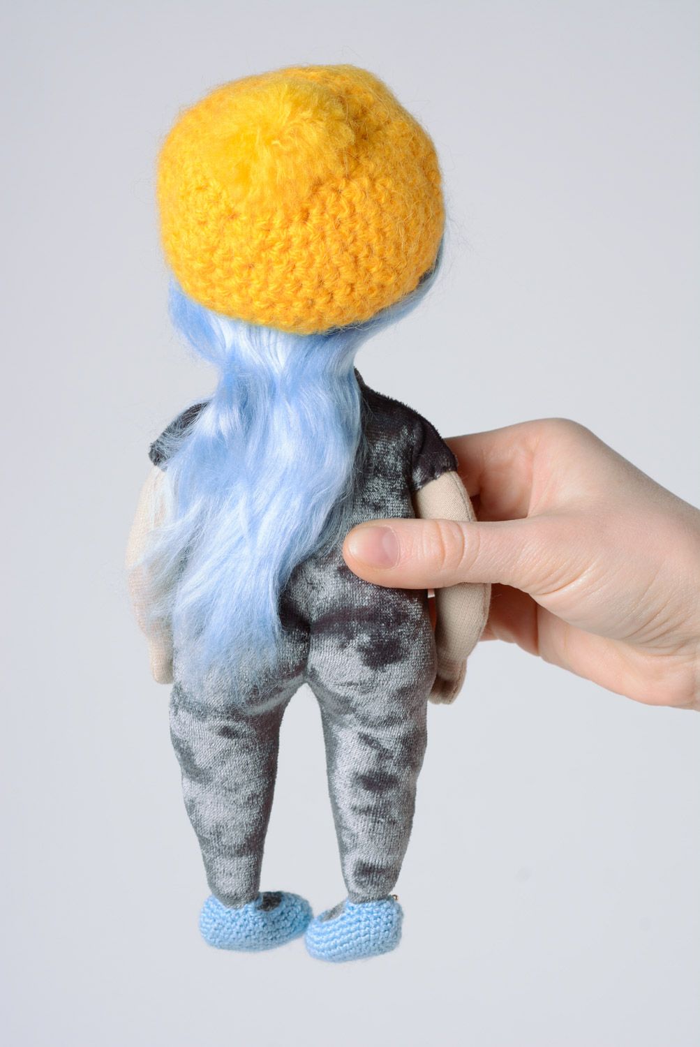 Handmade soft doll sewn of fabric with yellow beret and blue hair for girl photo 3