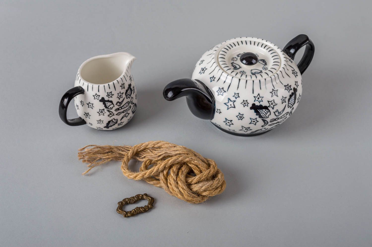 Handmade Ton Teekanne Öko Geschirr Keramik Kanne für Sahne mit Ornament 2 Stück foto 1