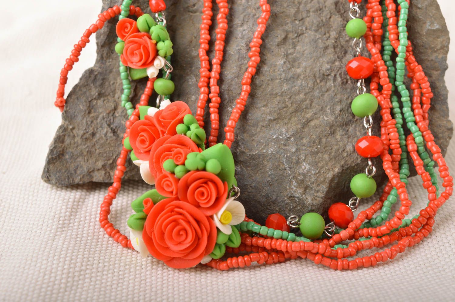 Multirow red necklace made of cold porcelain with roses created manually  photo 1