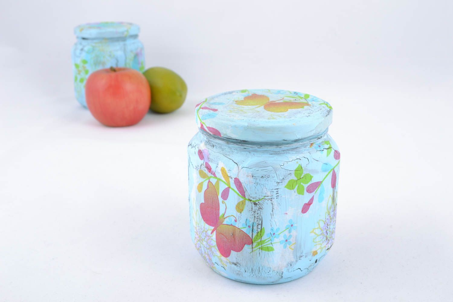 Handpainted in blue color with butterflies decorative glass jar 5 oz 0,6 lb photo 5