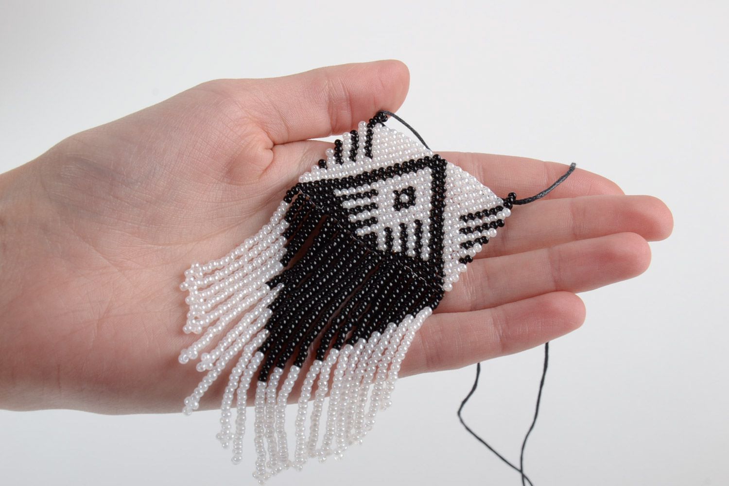 Black and white handmade beaded pendant with fringe and synthetic cord photo 5