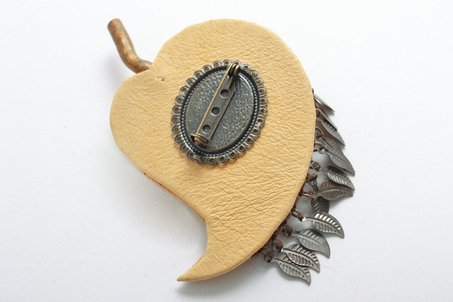 Leather handmade leaf brooch with natural stones and charms in beige color photo 5