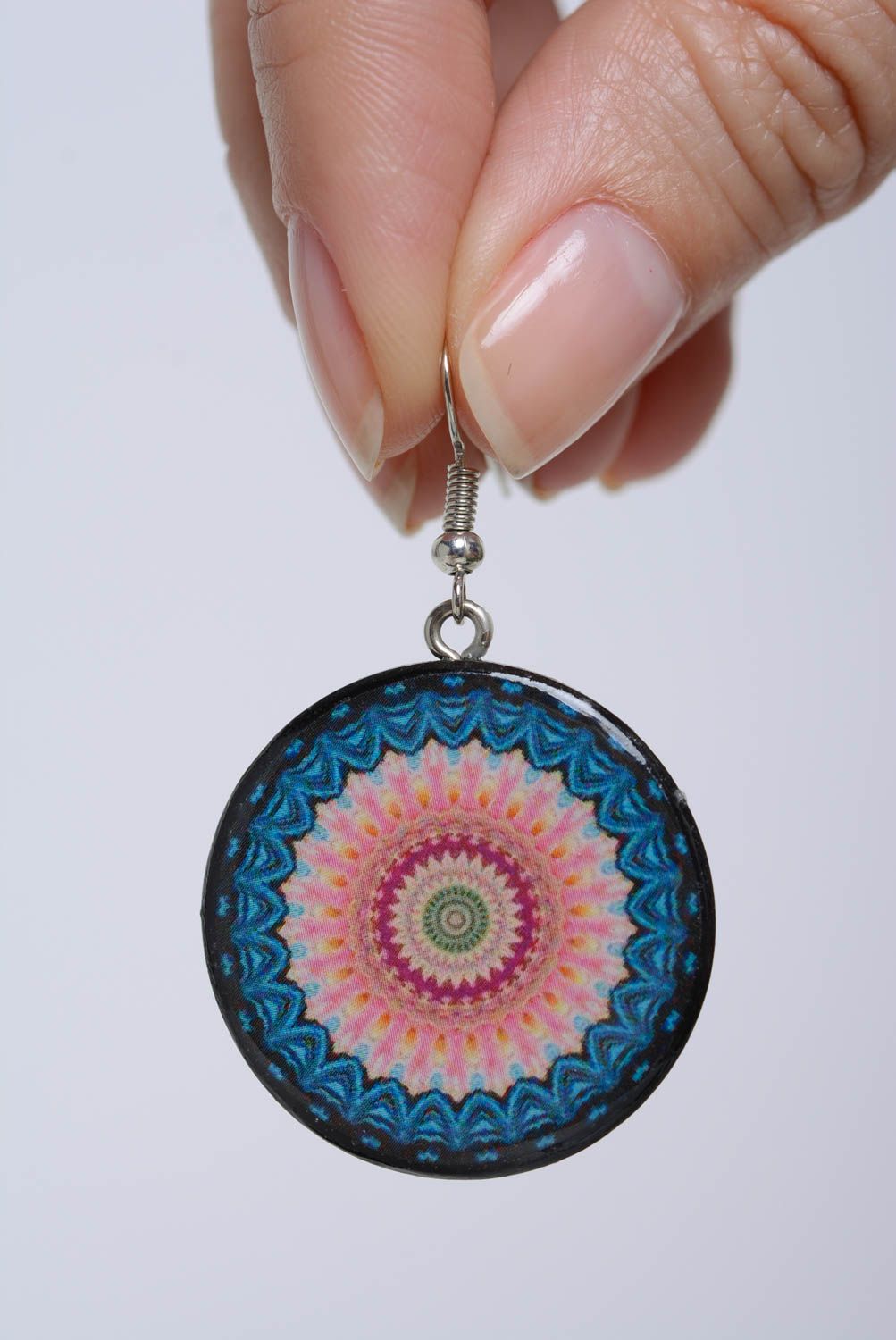 Stylish design handmade polymer clay round earrings with decoupage patterns photo 4