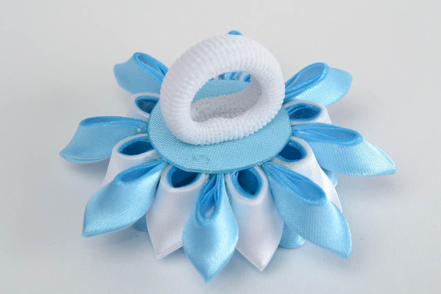 Beautiful stylish handmade children's hair tie with large blue satin flower photo 5