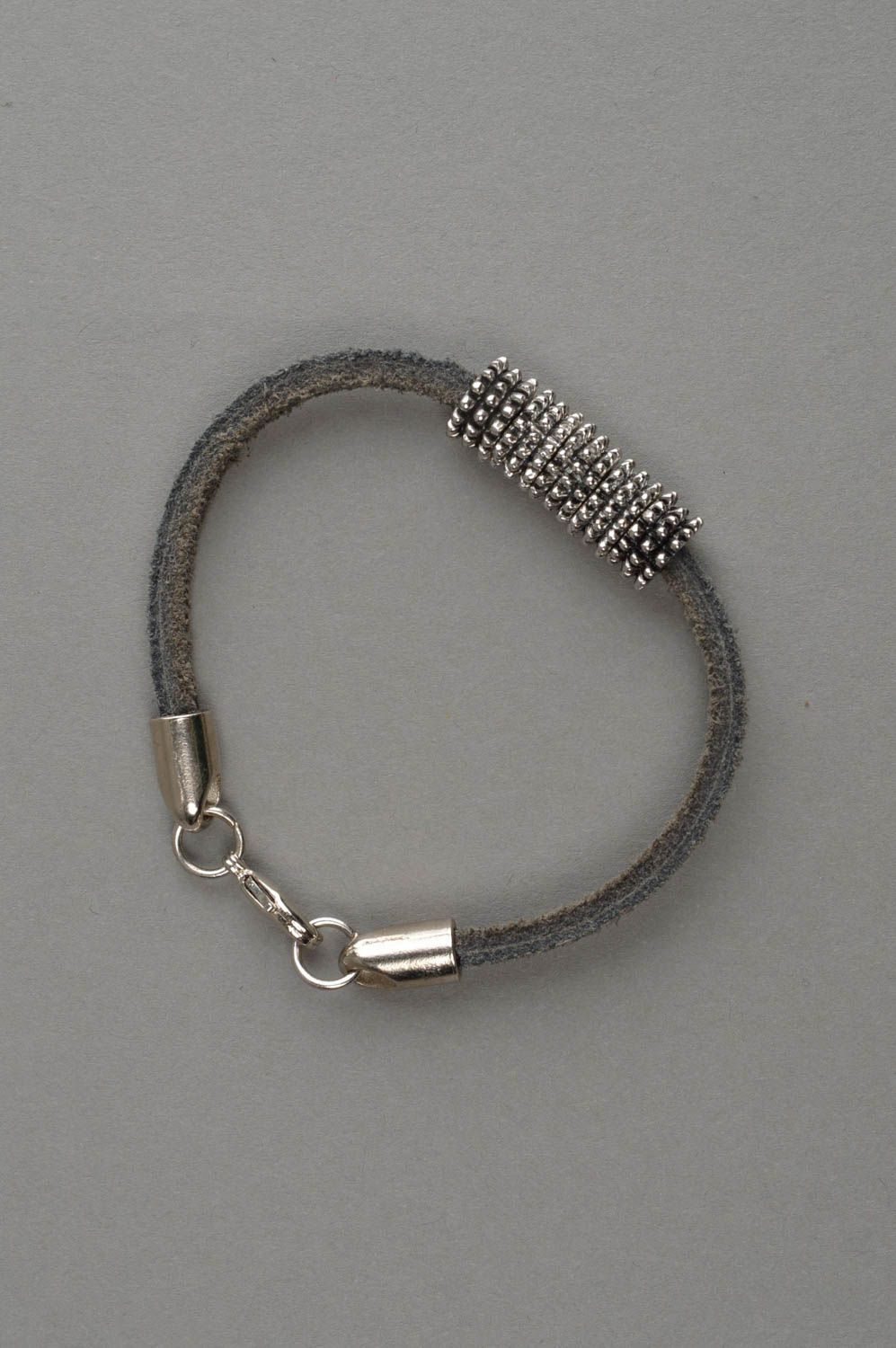 Designer handmade bracelet stylish leather accessory unusual grey jewelry photo 7