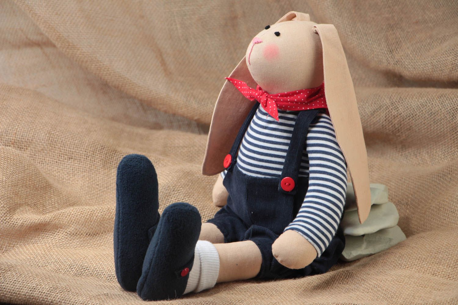 Fabric toy rabbit in suit small beautiful handmade decorative doll for baby photo 1