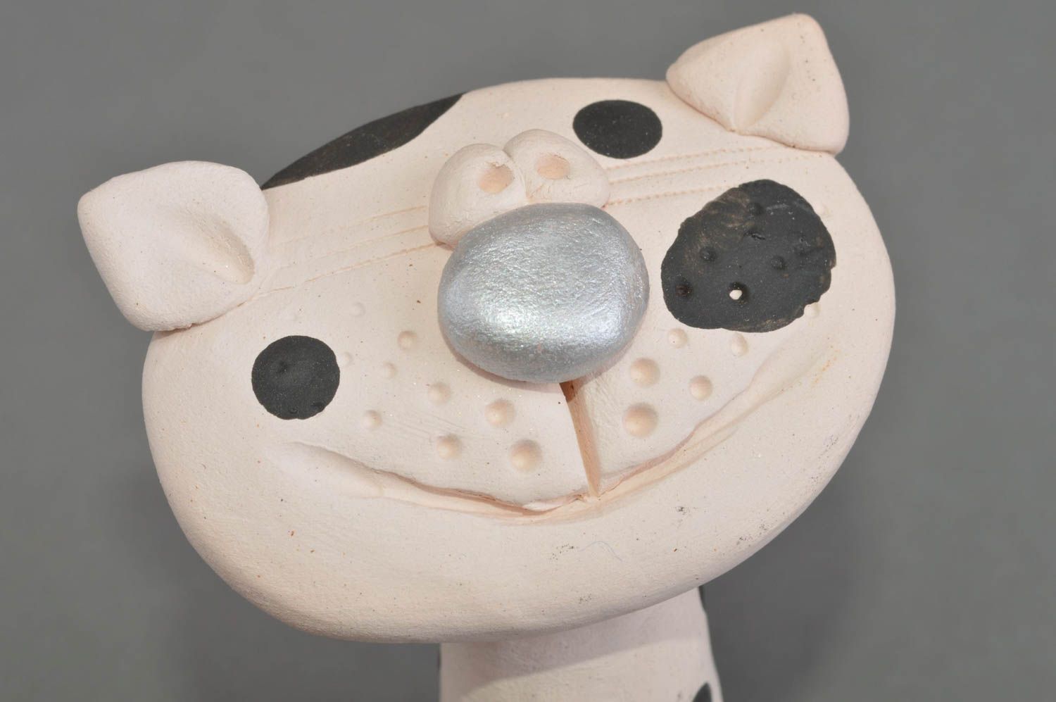 Decorative unusual handmade clay statuette souvenir with painting Cat milk photo 5