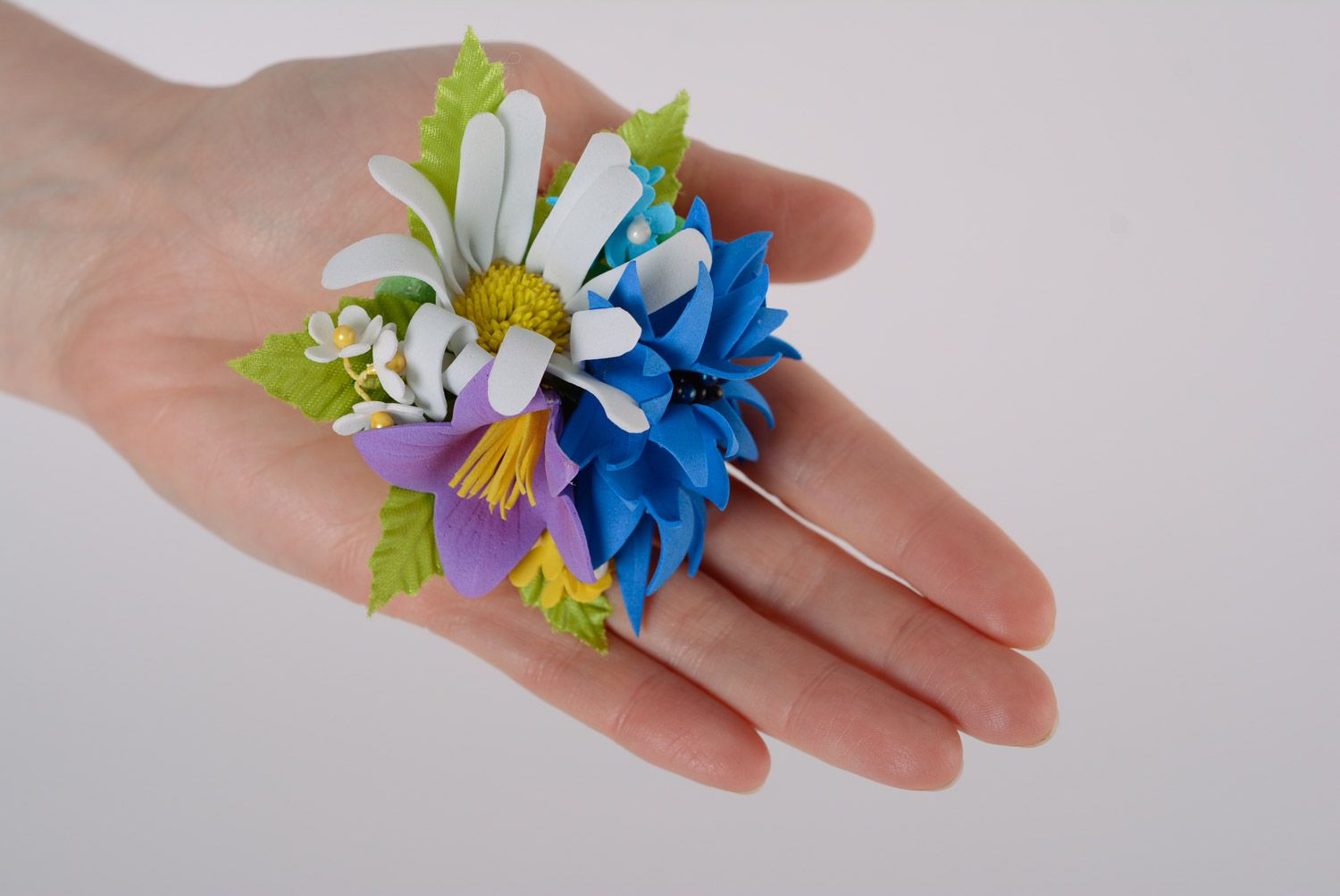 Künstlerische Haar Gummis aus Wildleder in Form von Feldblumen 2 Stück Handarbeit foto 3