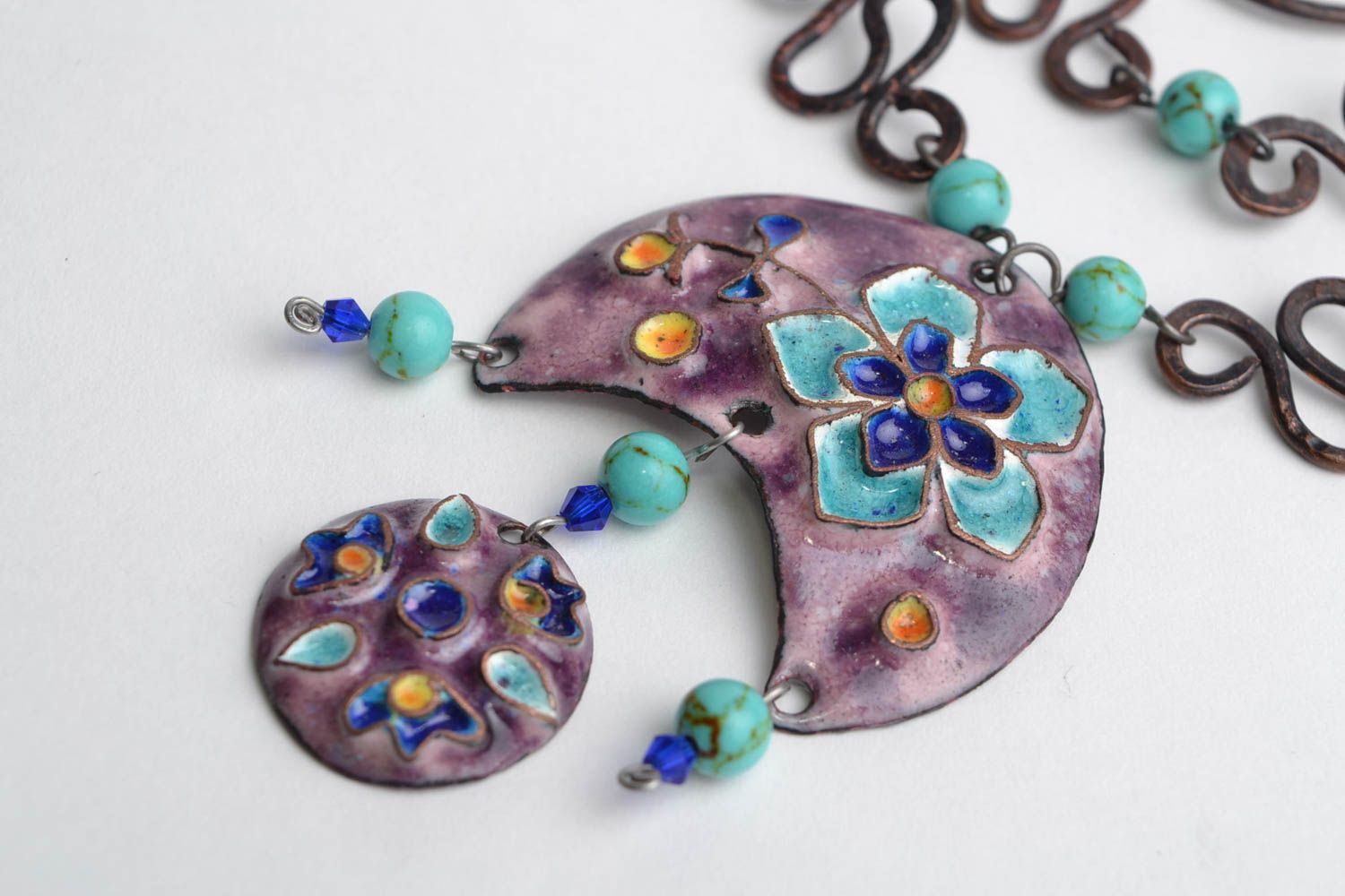 Handmade massive copper necklace painted with colorful enamels in violet colors photo 4