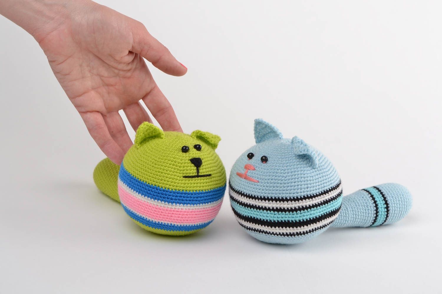 Set of 2 handmade anti-stress soft toys crocheted of acrylic threads cats photo 2