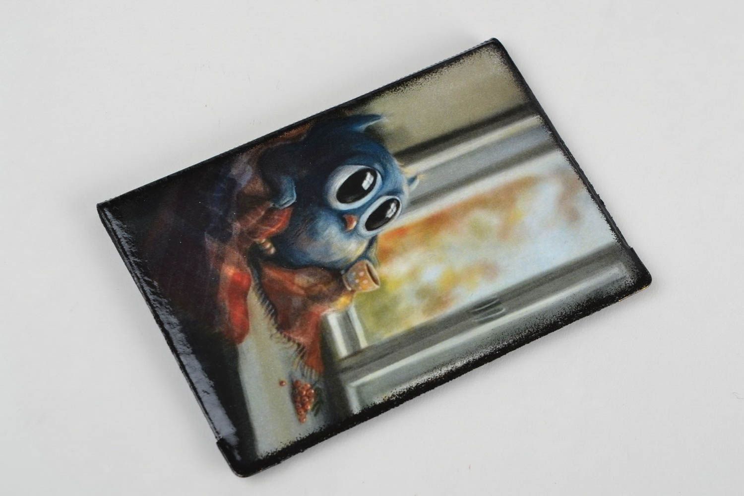 Handmade faux leather passport cover with decoupage funny owl on windowsill photo 4