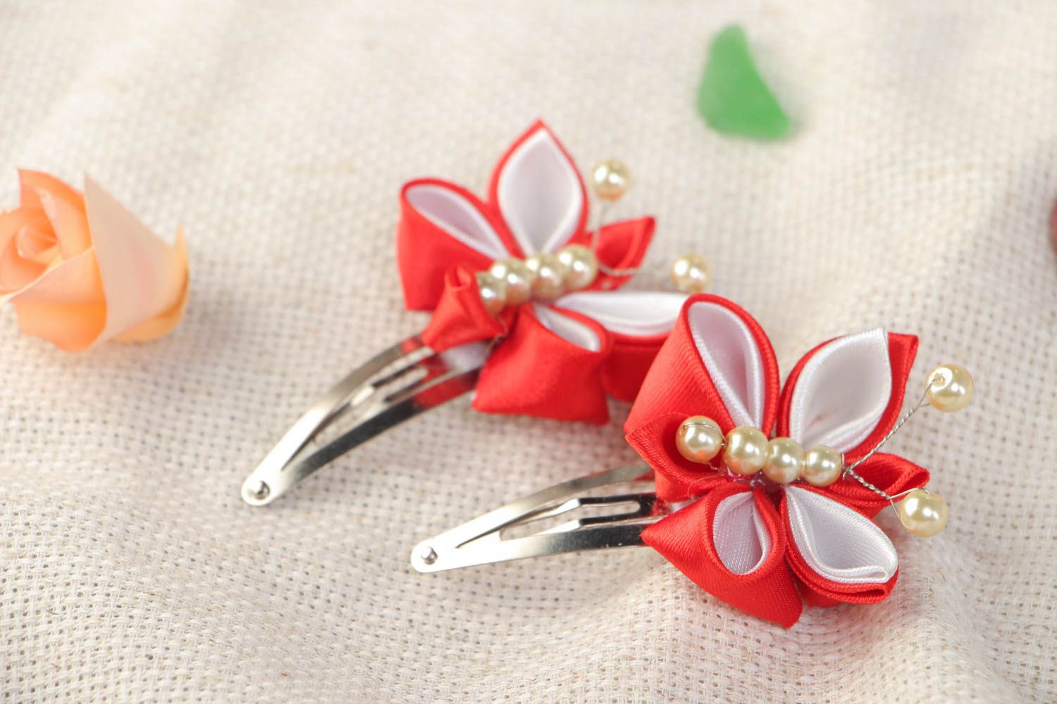 Handmade hairpins made of satin ribbons set of 2 pieces red with white hair accessories photo 1