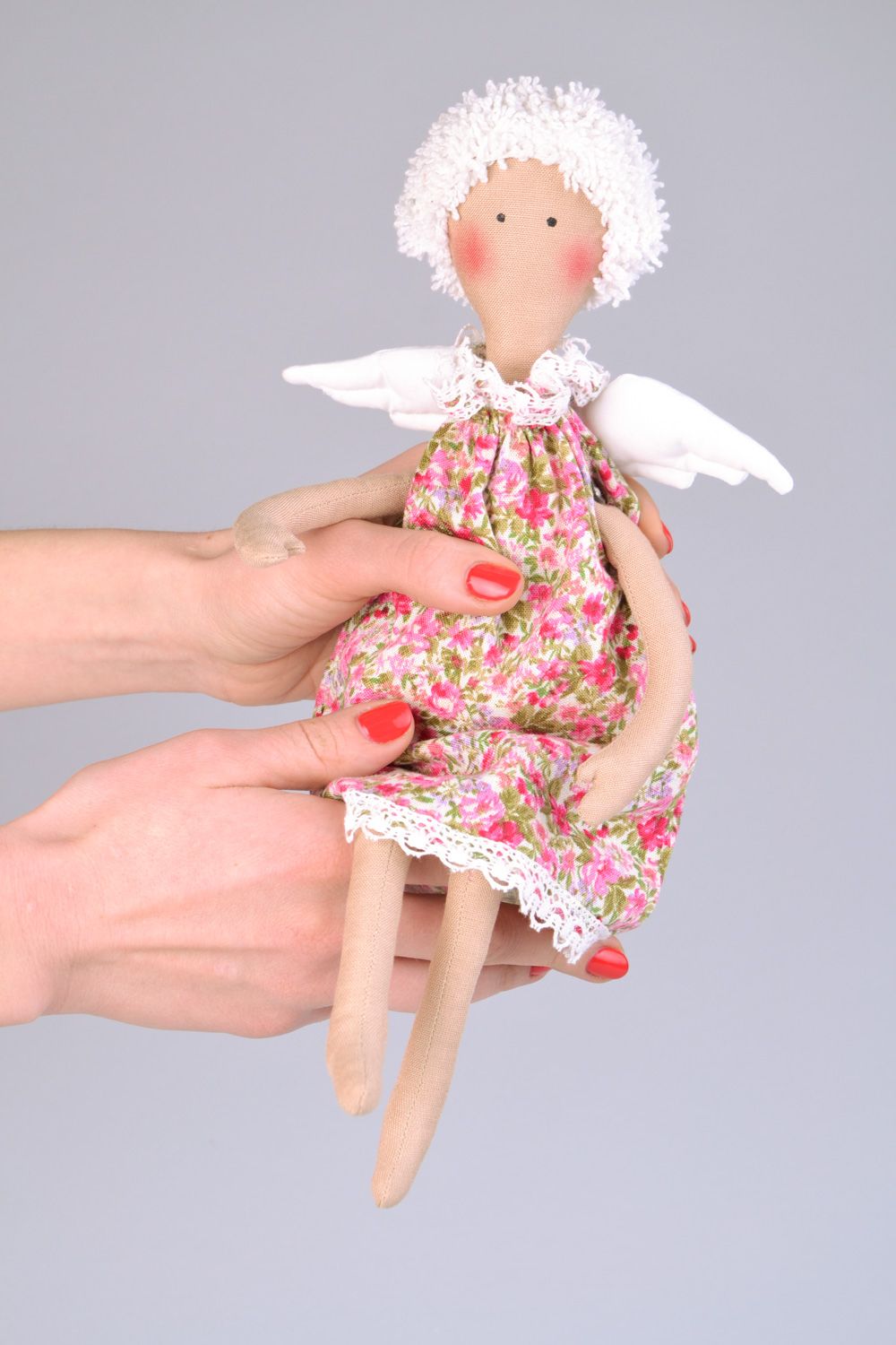 Handmade designer soft doll angel sewn of cotton with white hair and wings photo 5