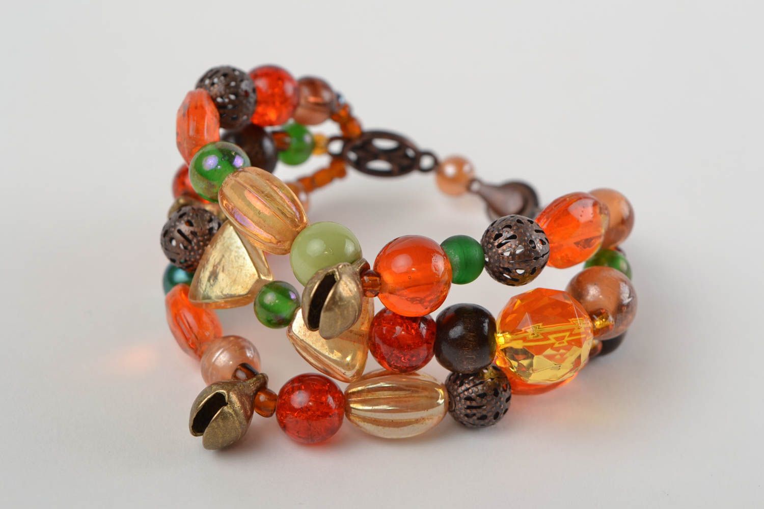 Handmade colorful multi row wrist bracelet with glass and wooden beads photo 5