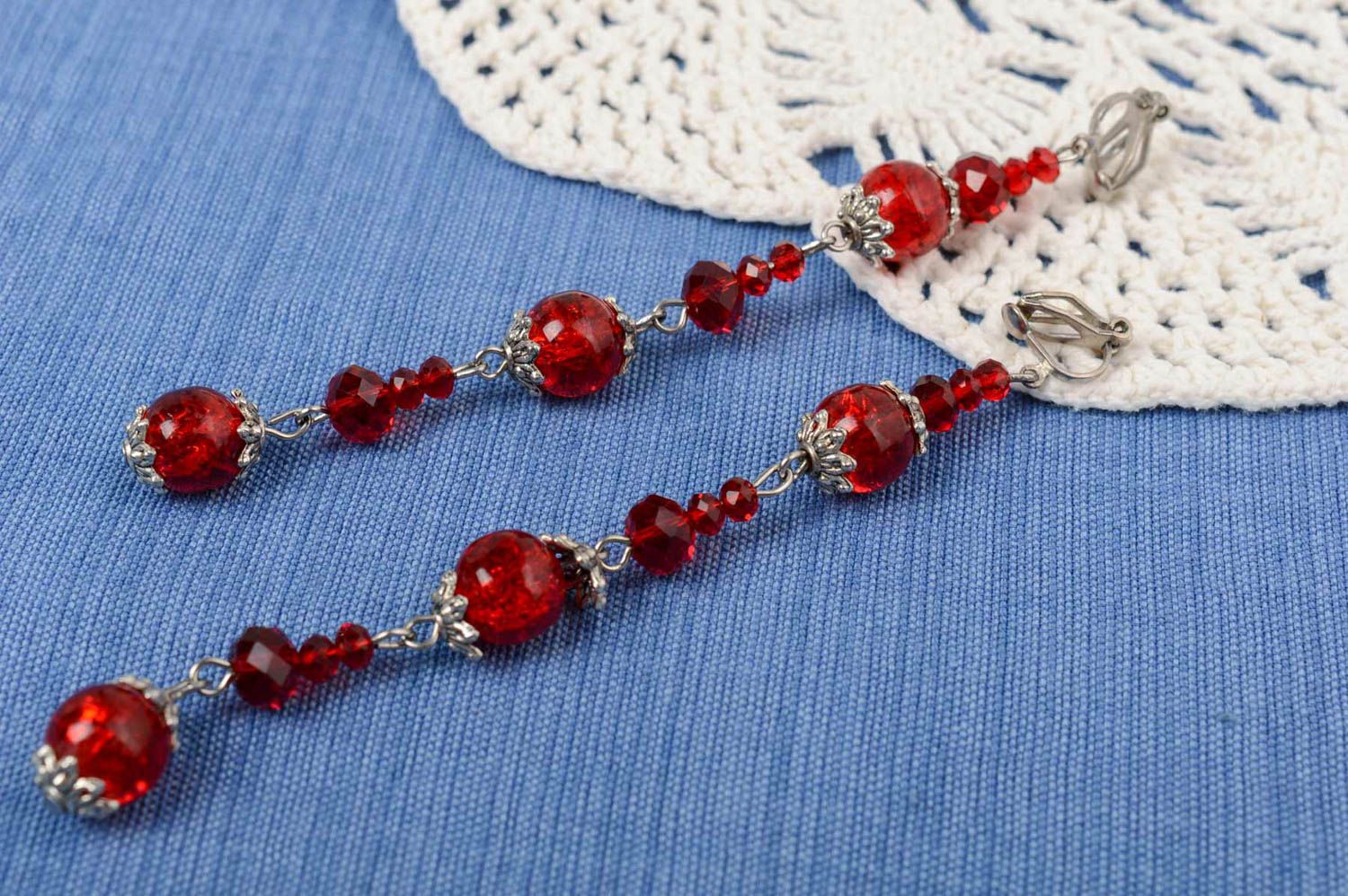 Handmade designer long dangle earrings with red Czech crystal and glass beads photo 1