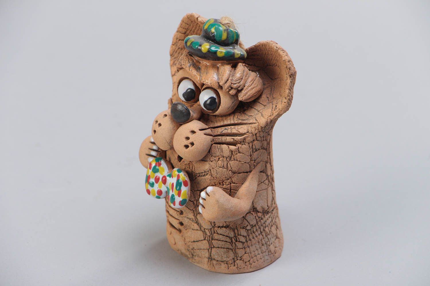 Глиняный колокольчик в виде кота с росписью акриловыми красками ручной работы фото 2