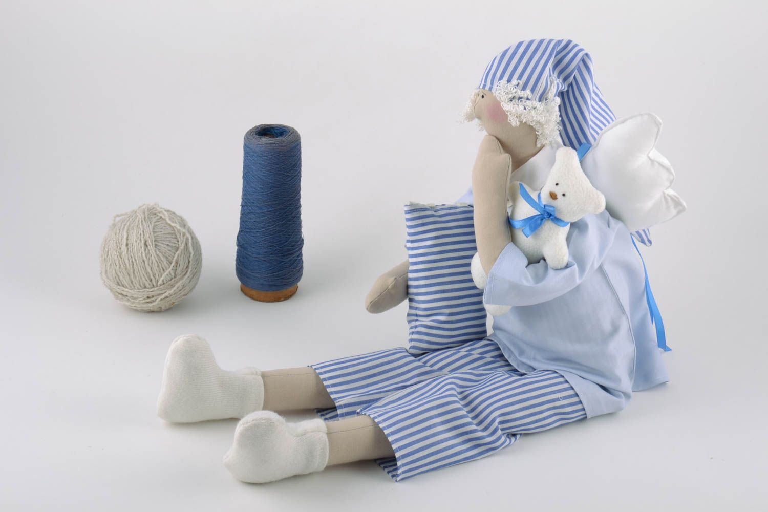 Handmade linen fabric soft toy angel in blue pajama with pillow and toy bear  photo 1