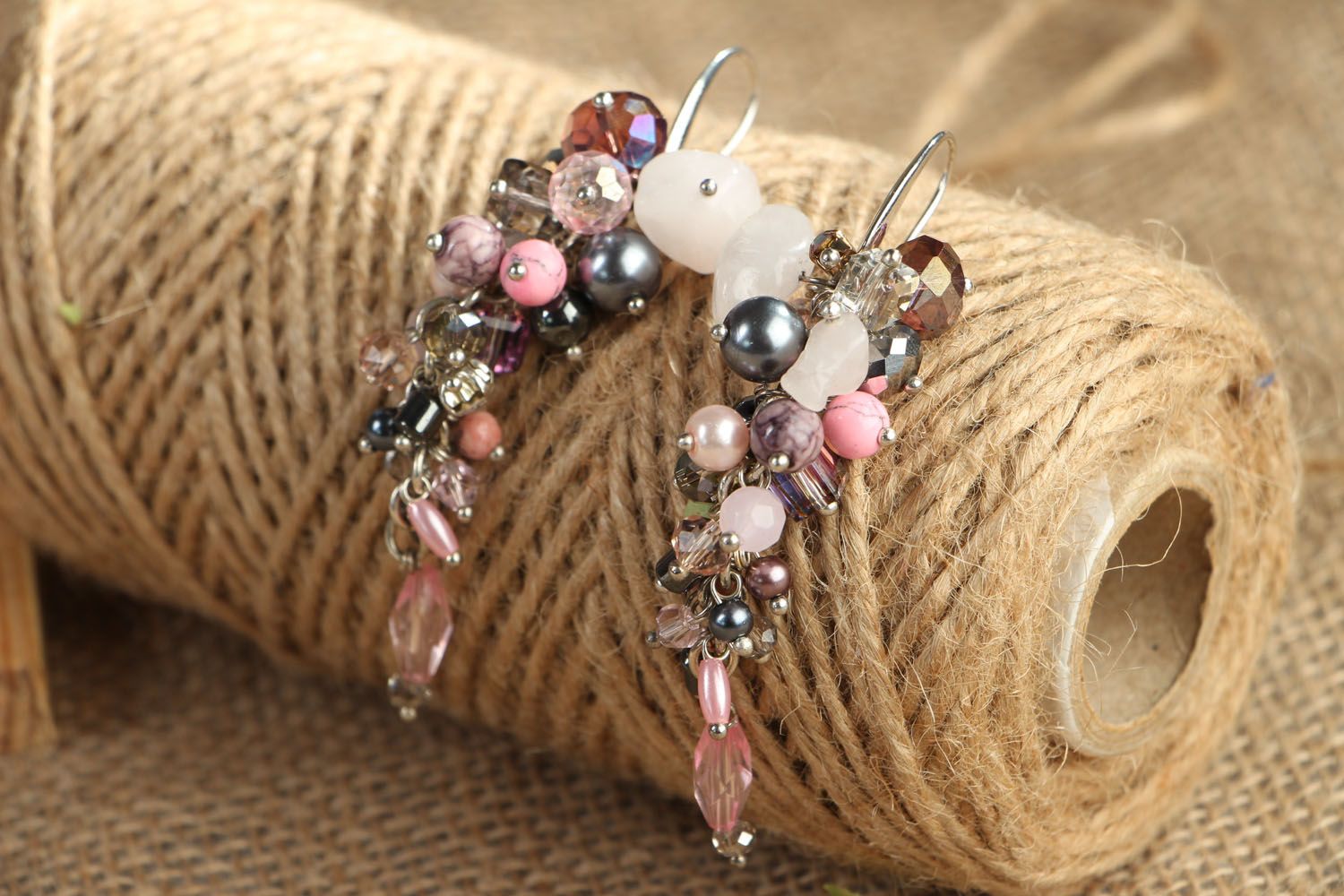 Handmade earrings with pink quartz photo 3