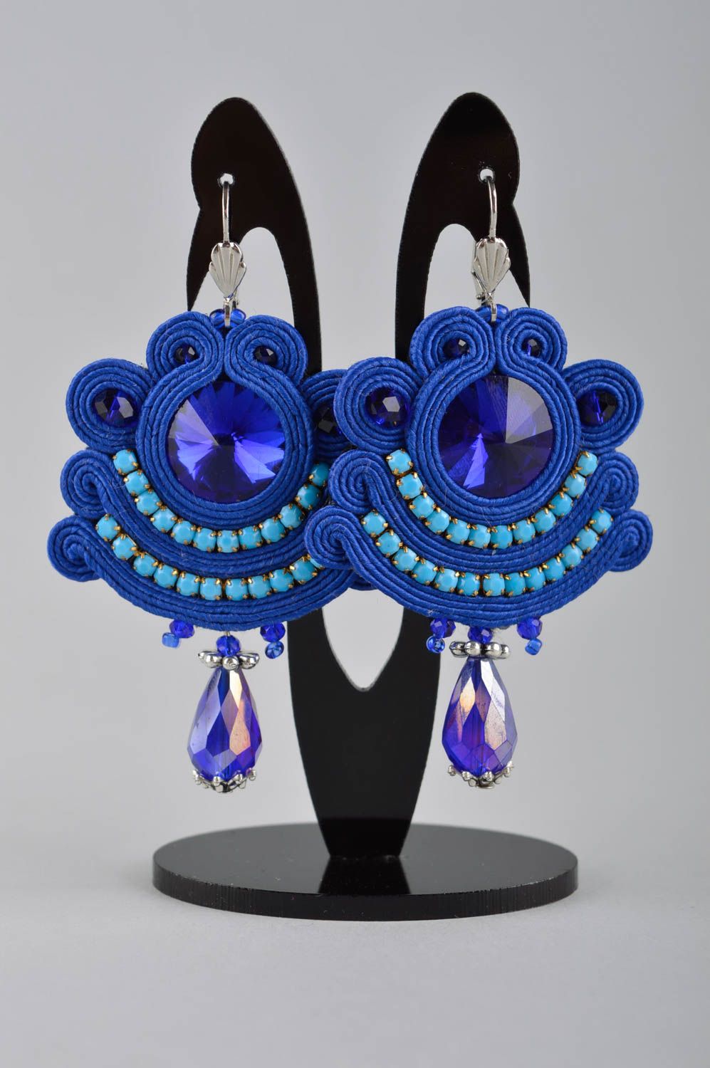Pendientes artesanales elegantes azules bisutería soutache accesorios de moda foto 2