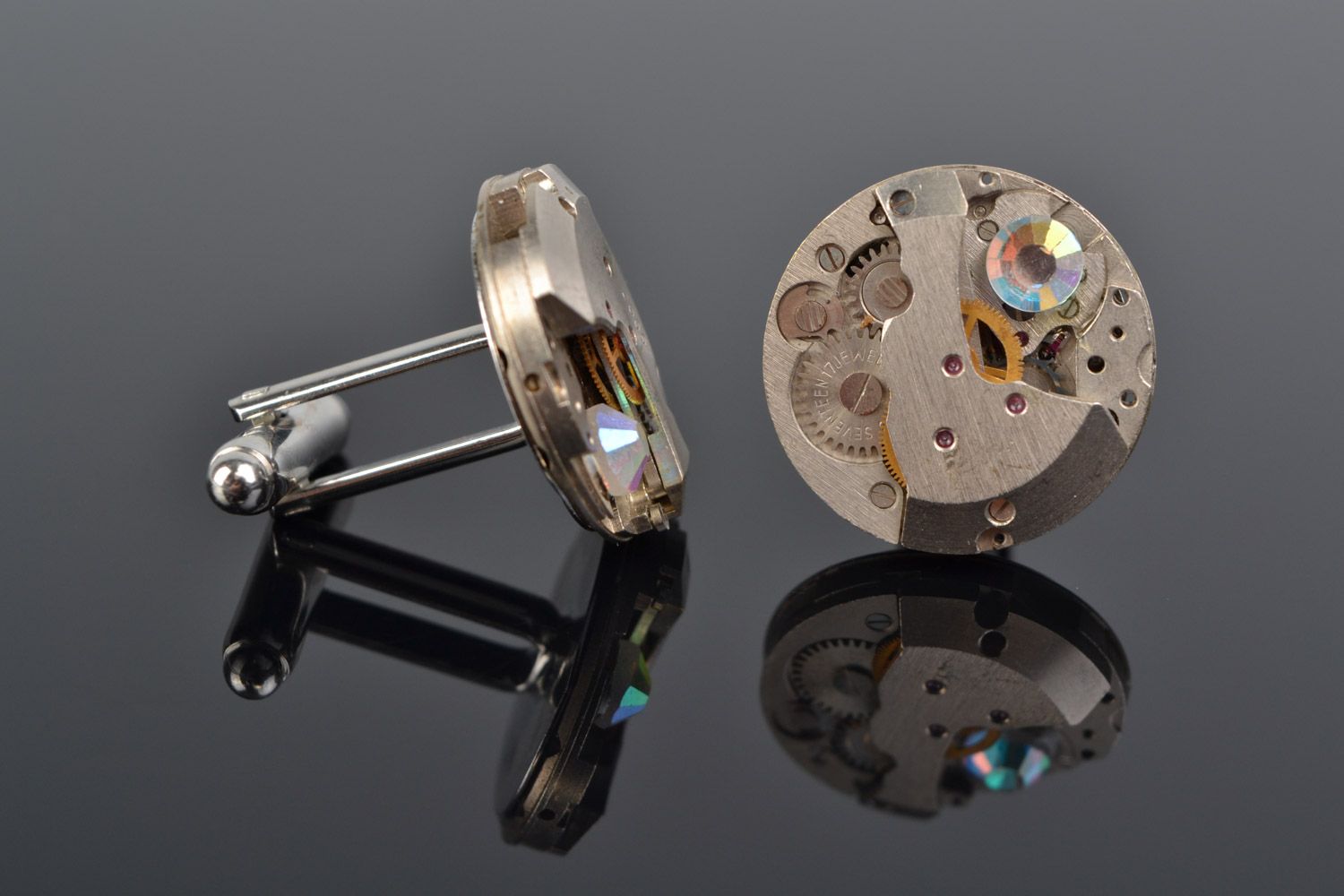 Handmade designer metal cufflinks with clock mechanism in steampunk style photo 1